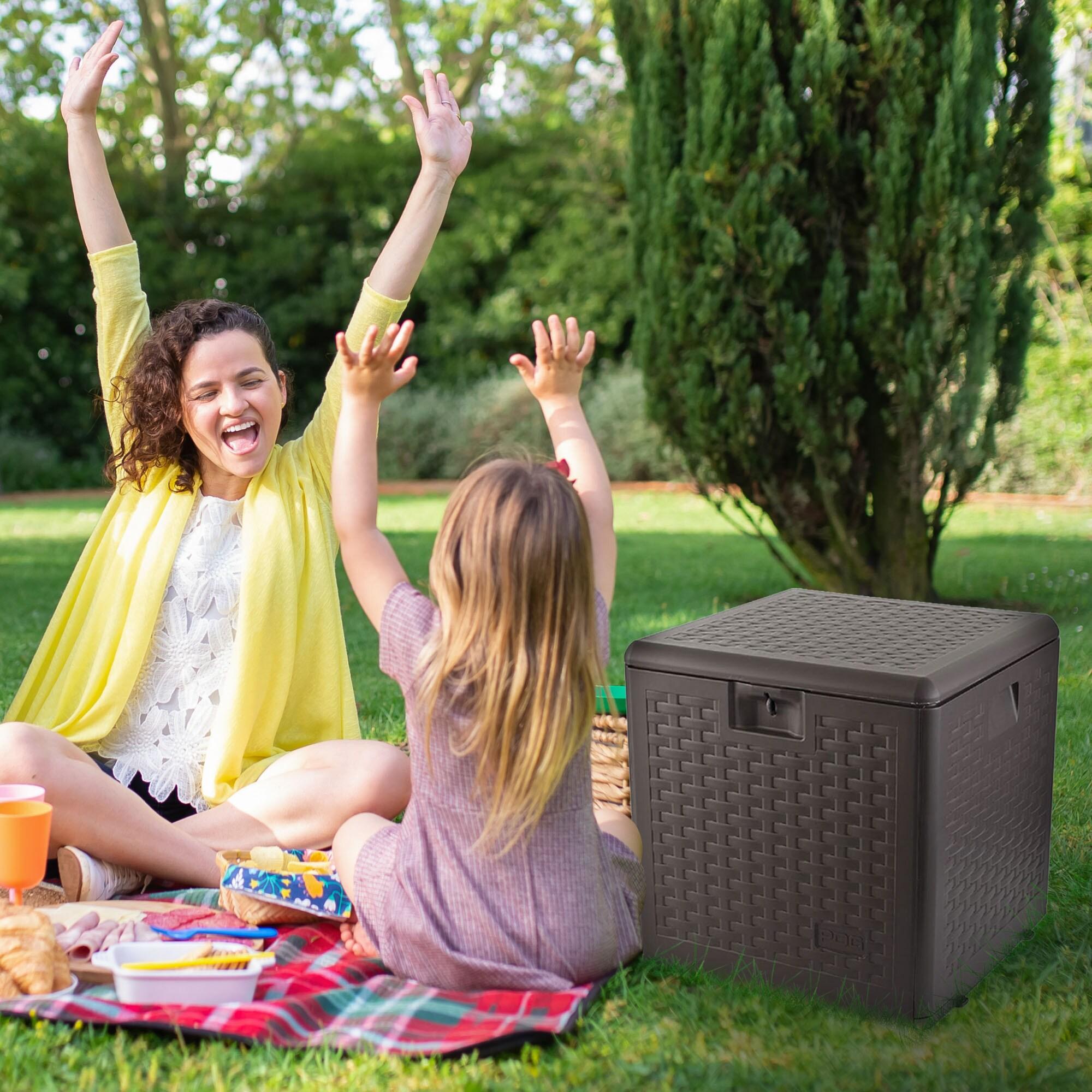 Plastic Development Group 28-Gallon Weather-Resistant Plastic Resin Outdoor Storage Patio Deck Box with Slide and Snap Assembly, Java Brown