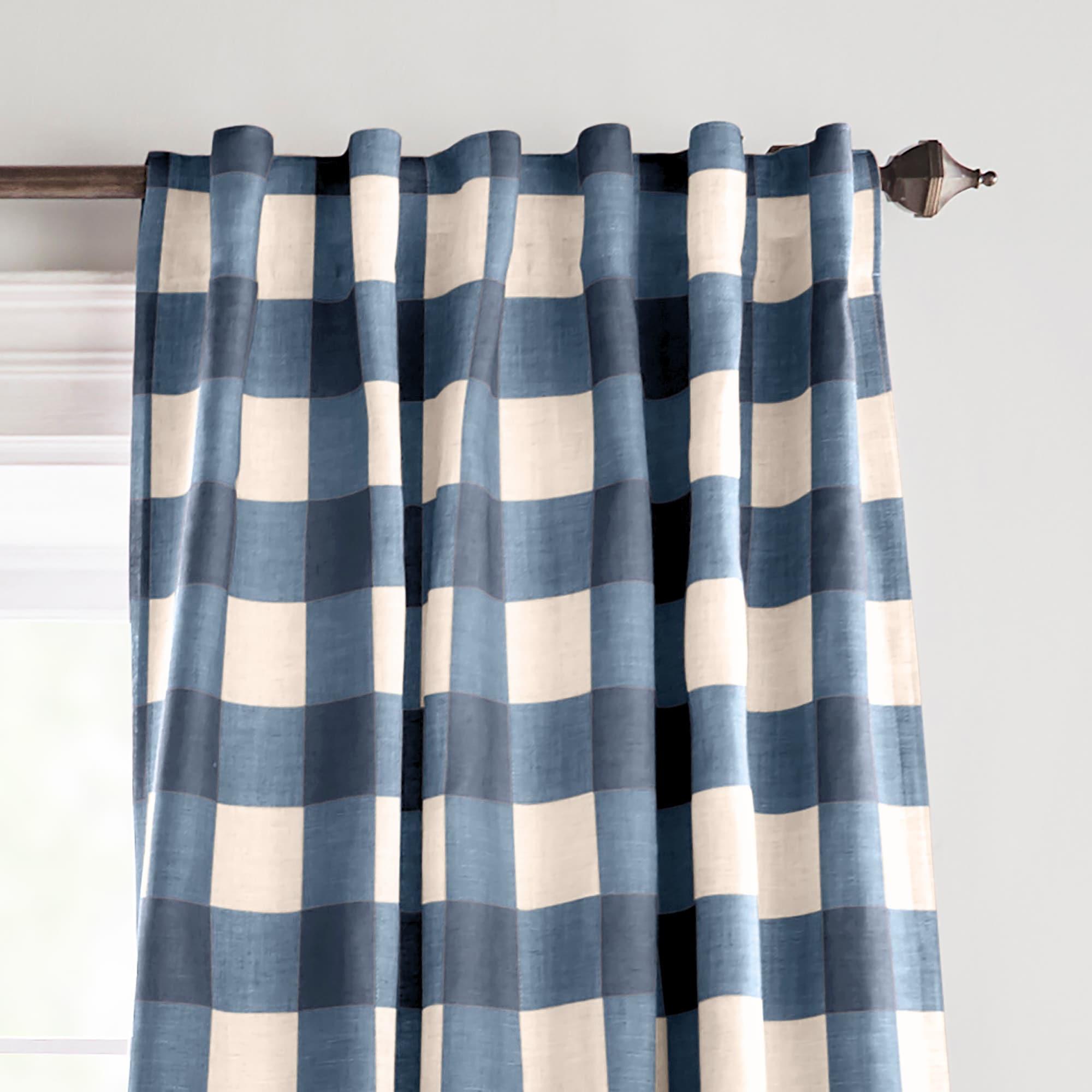 Grainger Buffalo Check Lined Room Darkening Single Window Curtain Panel - 52" x 95" - Indigo - Elrene Home Fashions