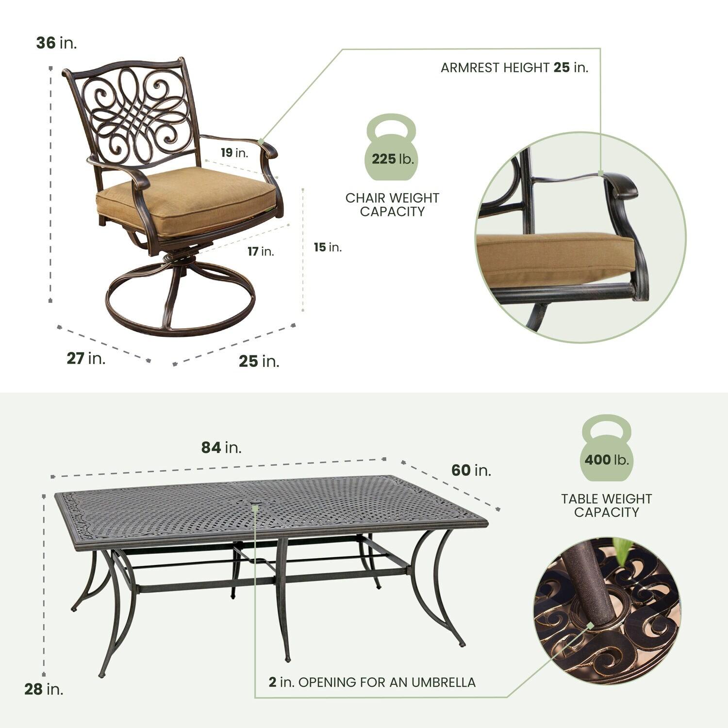 Hanover Traditions 11-Piece Outdoor Patio Dining Set with Tan Cushions, 10 Swivel Rockers and Aluminum Rectangular Dining Table, TRADDN11PCSW10