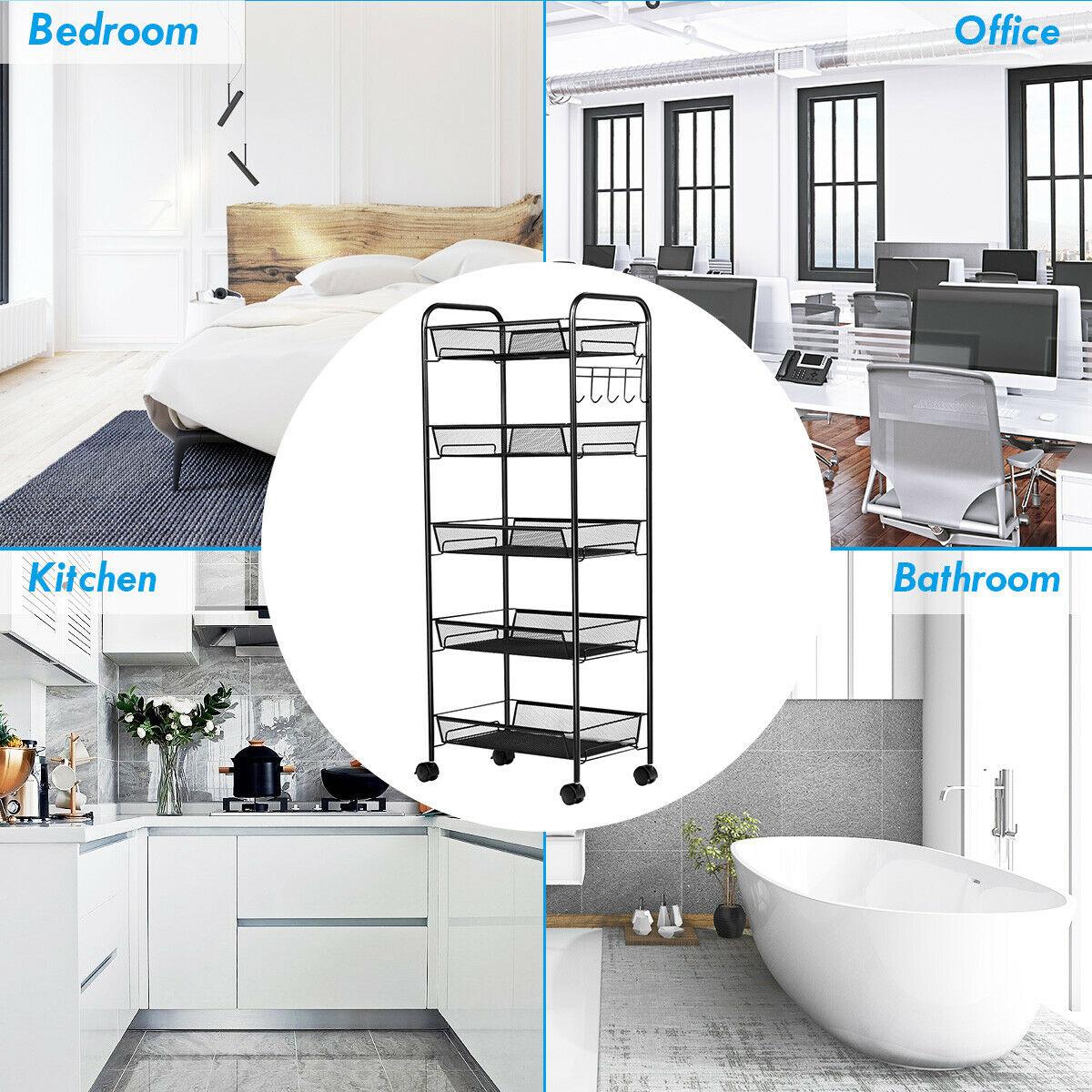 Costway 5 Tier Storage Rack Trolley Cart Home Kitchen Organizer Utility Baskets Black