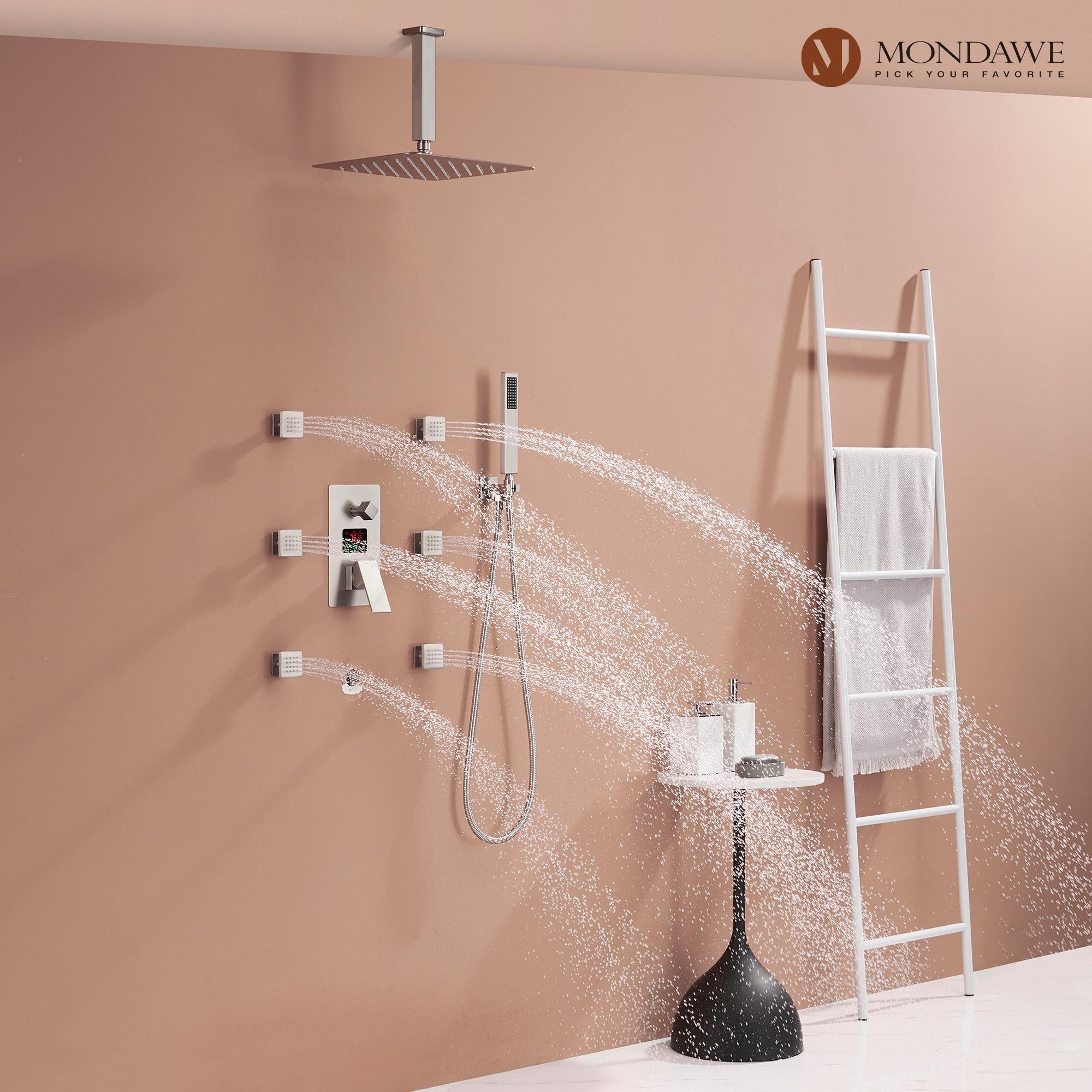 LED Display 3 Spray Patterns 12in. Ceiling Mount Fixed and Handheld Shower Head in Brushed Nickel 2.5 GPM Valve Included