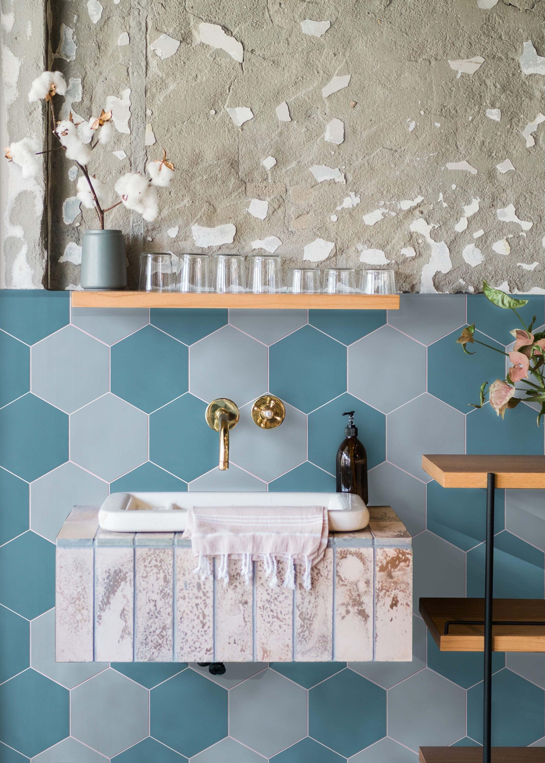 Rain Blue Hexagon Peel and Stick Resin Wall Tiles