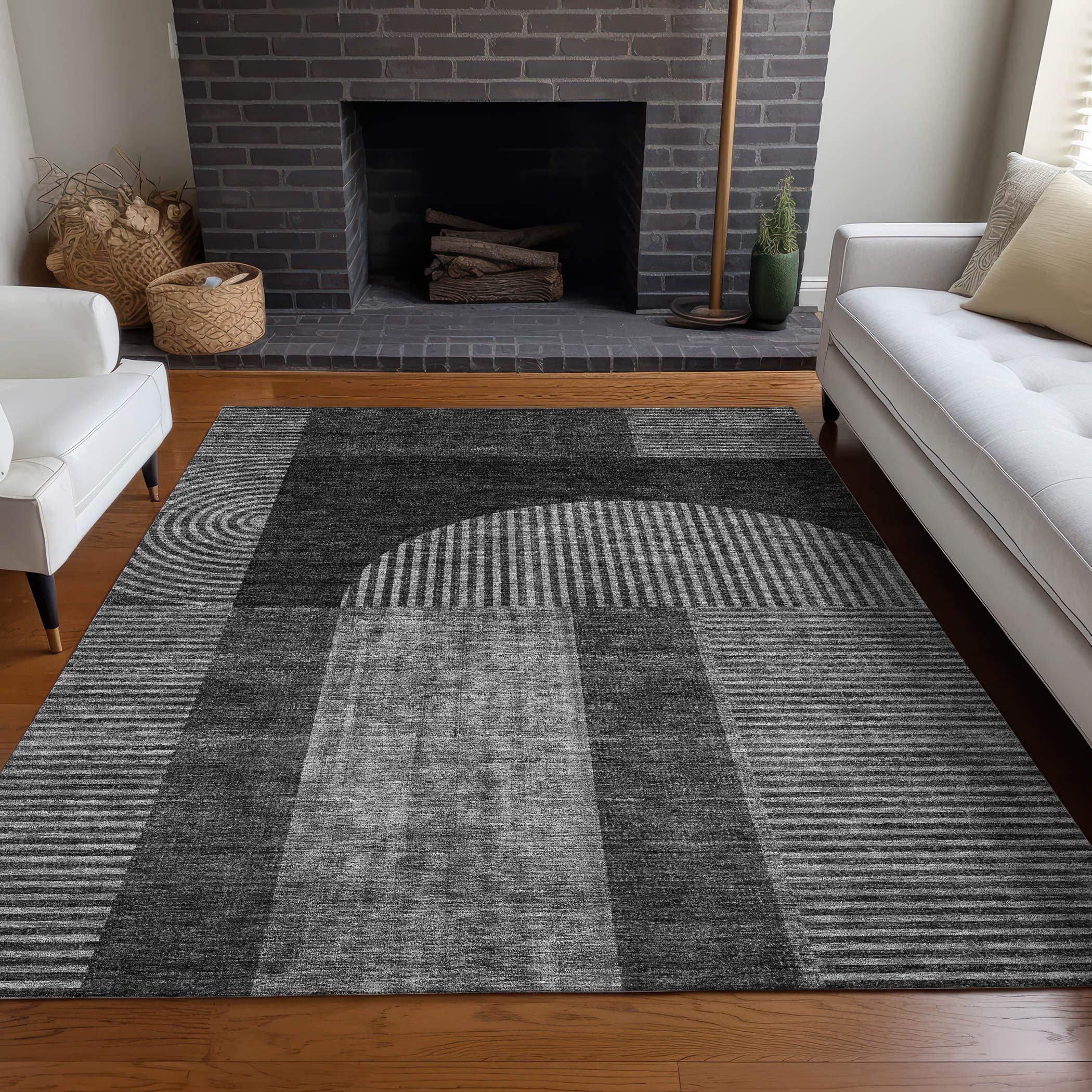 Charcoal Geometric Synthetic Flat Woven Indoor Outdoor Rug 3' x 5'
