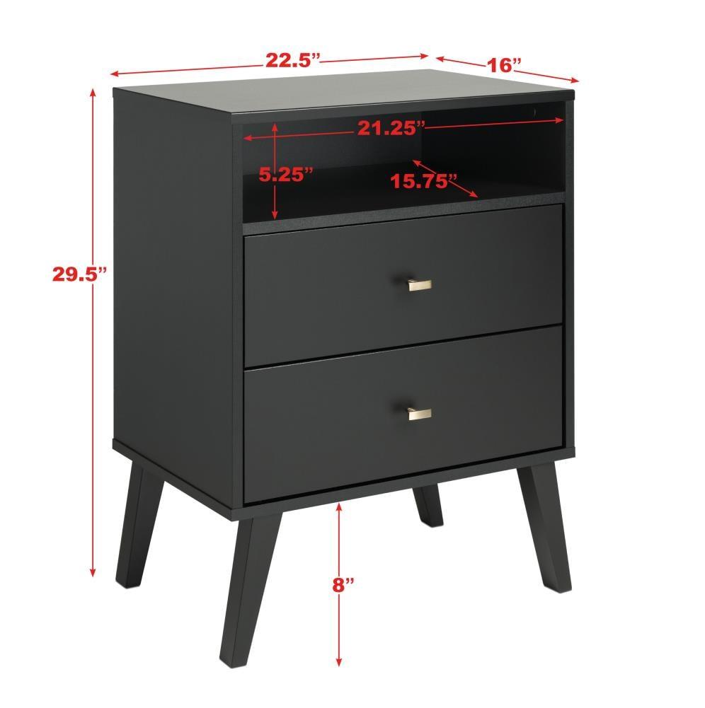 Mid Century Modern 2 Drawer Tall Nightstand with Shelf Black - Prepac: Brushed Brass Knobs, Wood Legs