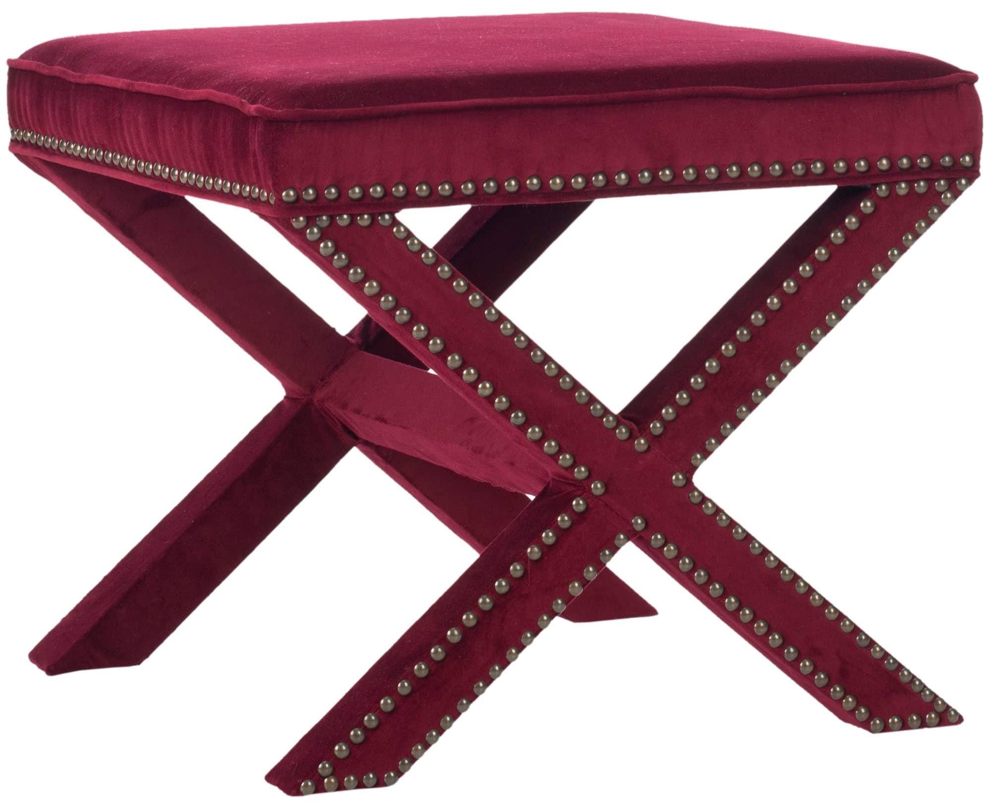 Palmer Ottoman with Brass Nail Heads - Red Velvet - Safavieh