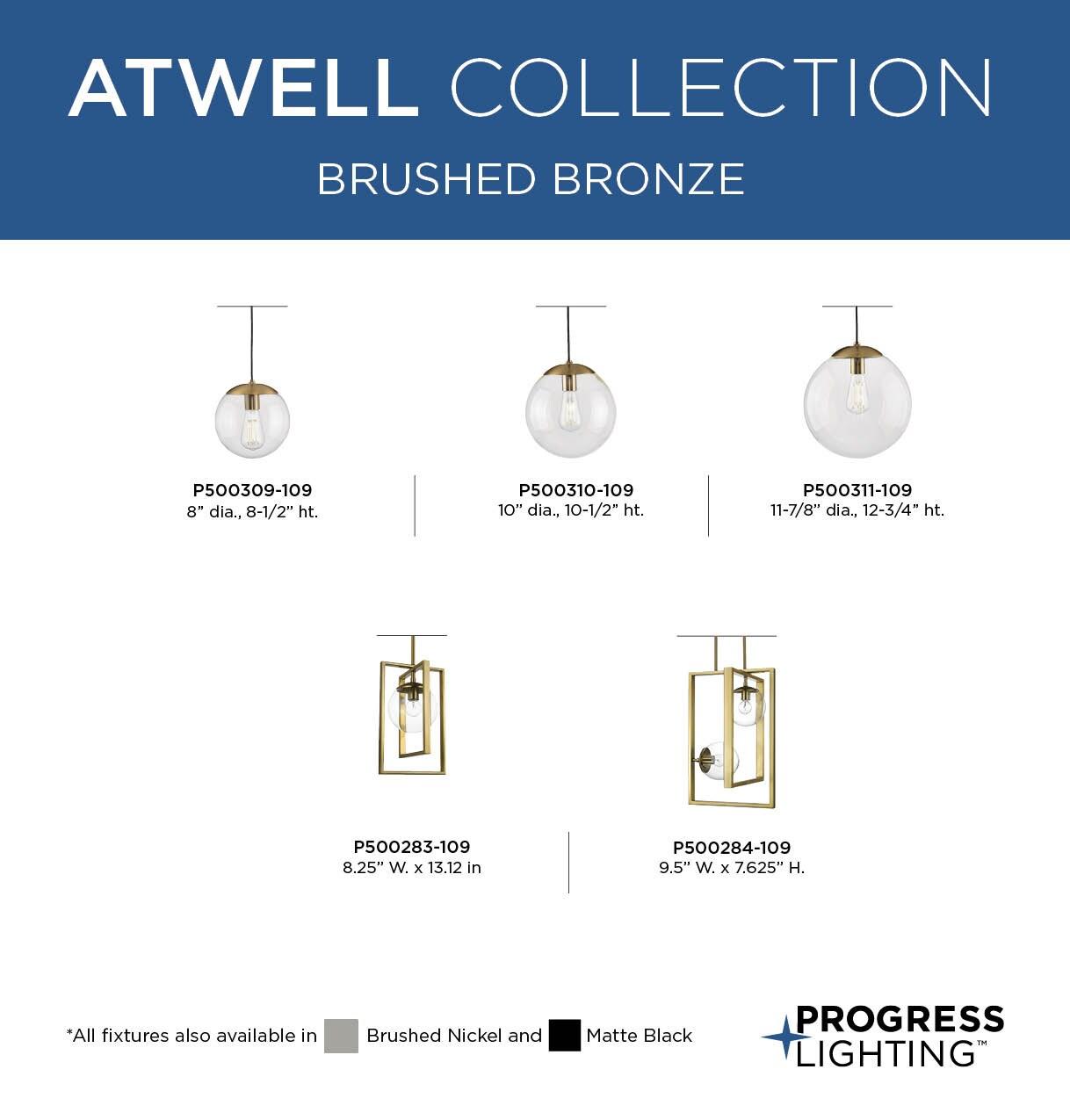 Progress Lighting Atwell 1-Light Glass Globe Pendant, Brushed Nickel, Clear Glass Shade