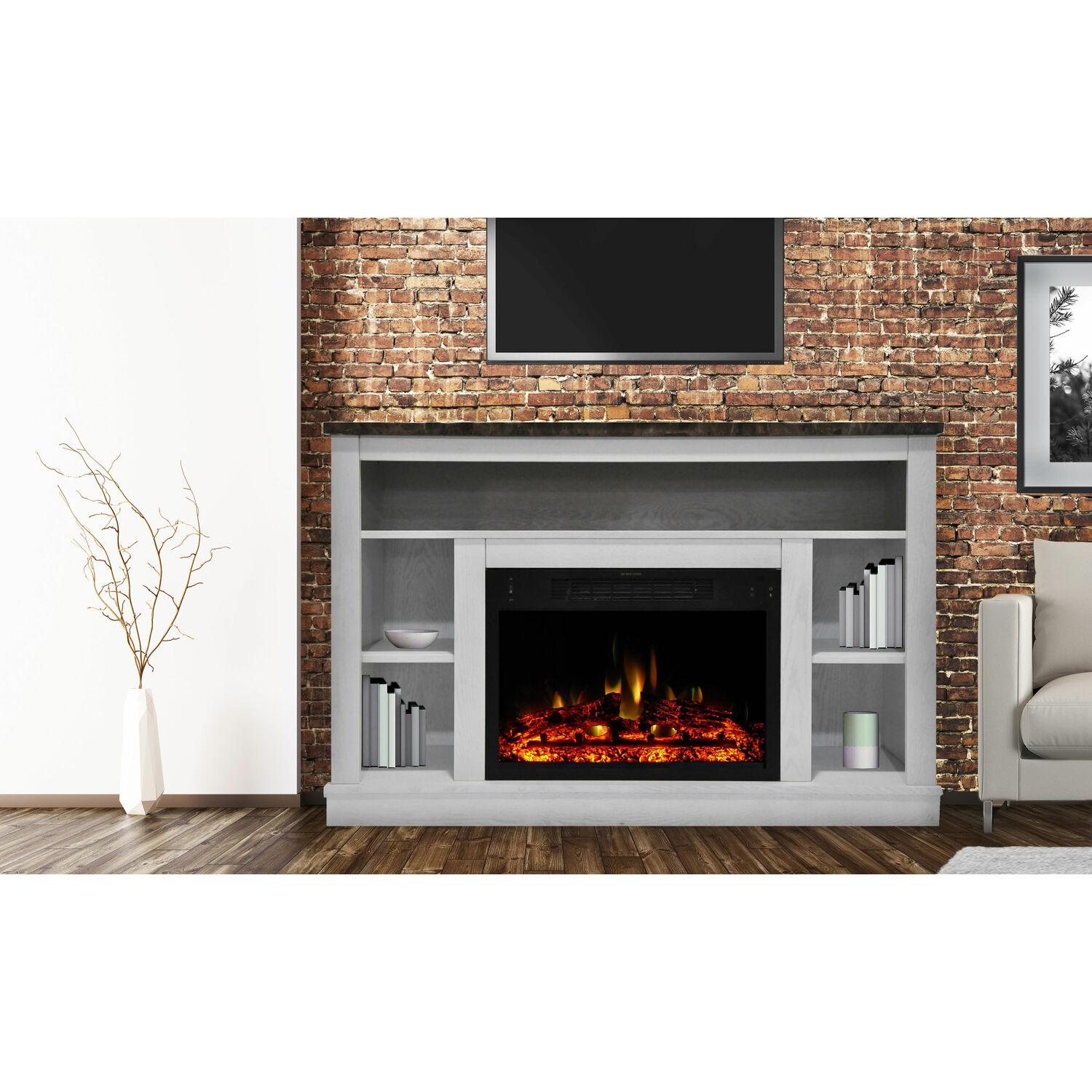 Cambridge Seville 47'' Freestanding Electric Fireplace with Log Insert, Remote| Multi-Color Flame| White Mantel | For Rooms up to 210 Sq.Ft. | Adjustable Heat Settings | Timer