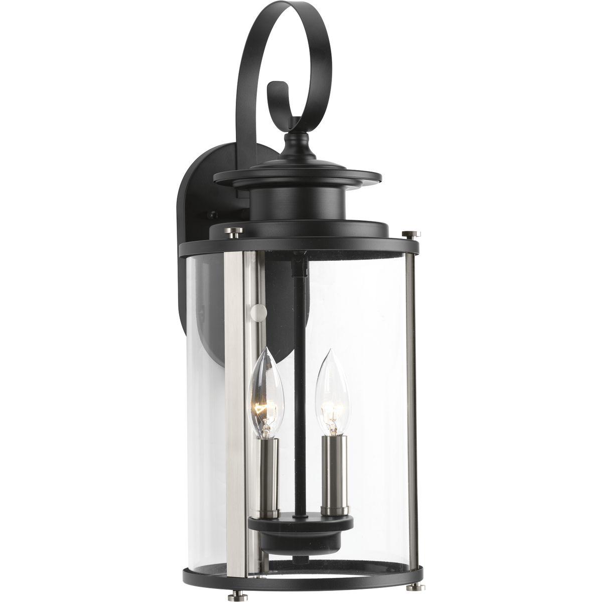 Progress Lighting, Squire Collection, 2-Light Medium Wall Lantern, Black Finish, Clear Glass Shade