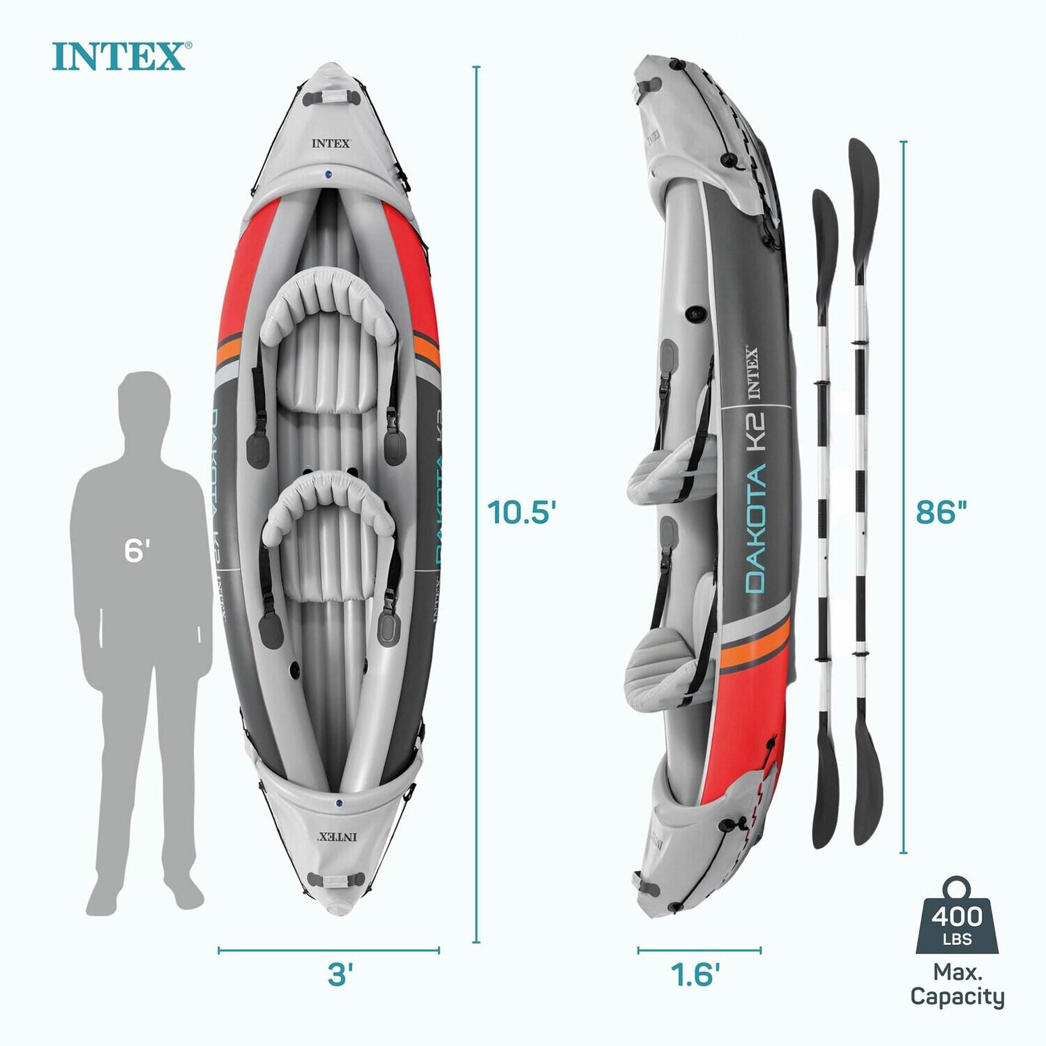 Intex Dakota K2 2 Person Inflatable Vinyl Kayak and Accessory Kit with 86 Inch Oars, Air Pump, and Carry Bag for Lakes and Rivers, Gray and Red