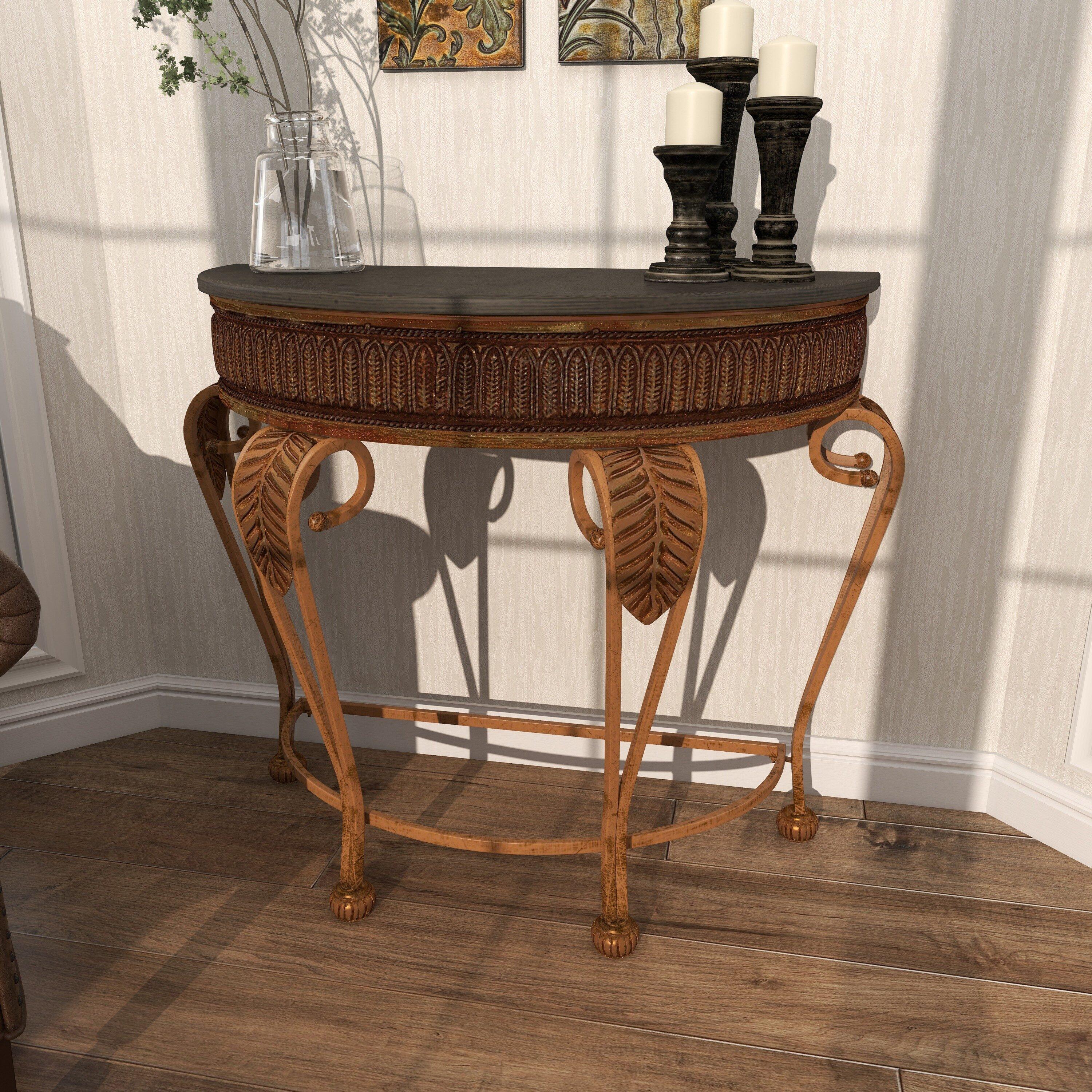 Allura Metal Embossed Leaf Console Table with Ornate Scroll Legs