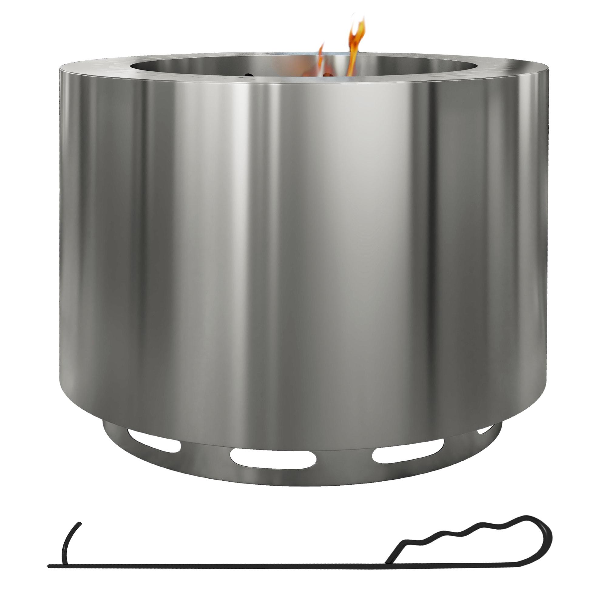 Outsunny Smokeless Fire Pit, 19" Wood Burning Firepit with Poker, Stainless Steel, Silver