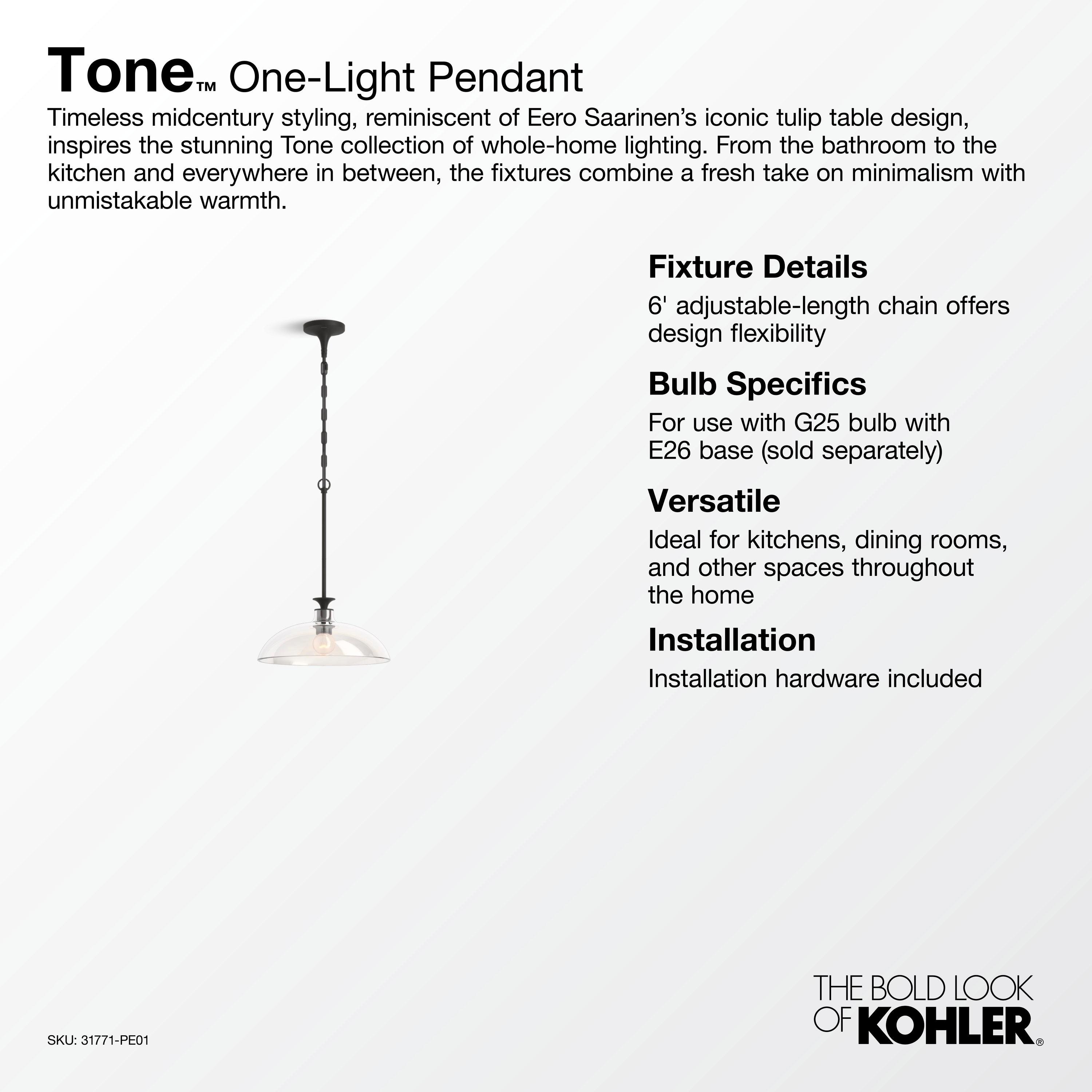 Tone 1 Light Pendant Lighting Fixture for Kitchen Island, 6' Adjustable Cord Length