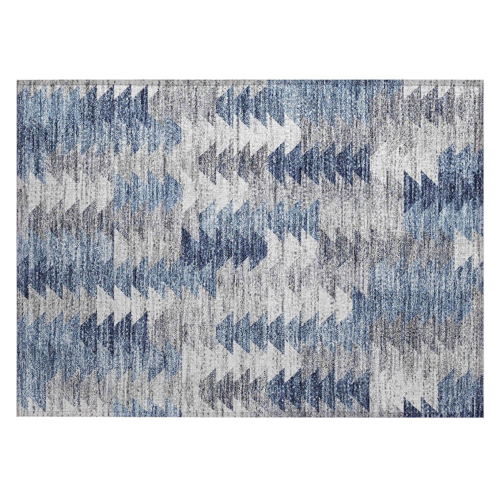 Blue and Gray Synthetic Flat Woven Washable Rug