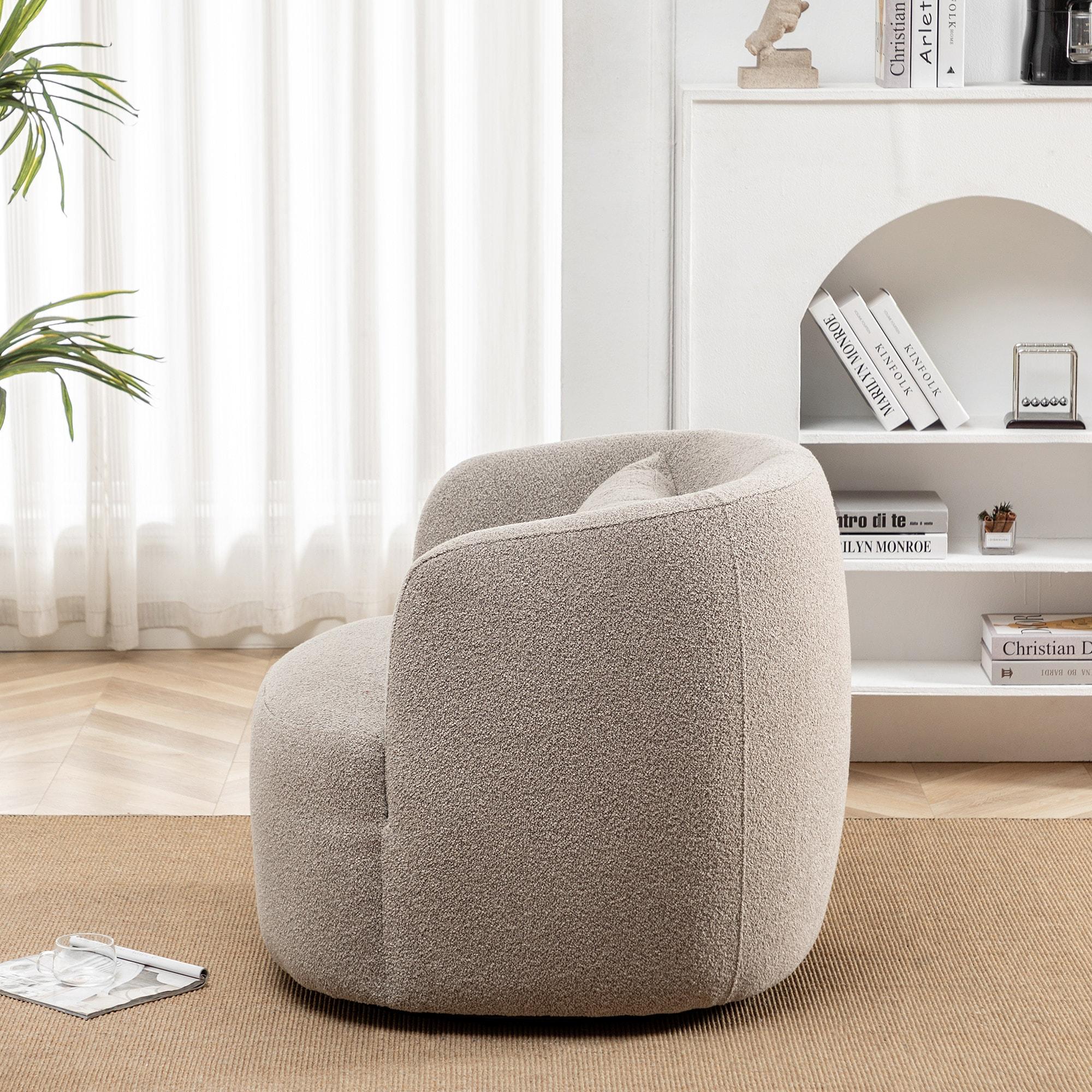 Boucle Upholstered Swivel Armchair Taupe - Kinwell: Pine Frame, 360° Metal Base, 300 lbs Capacity