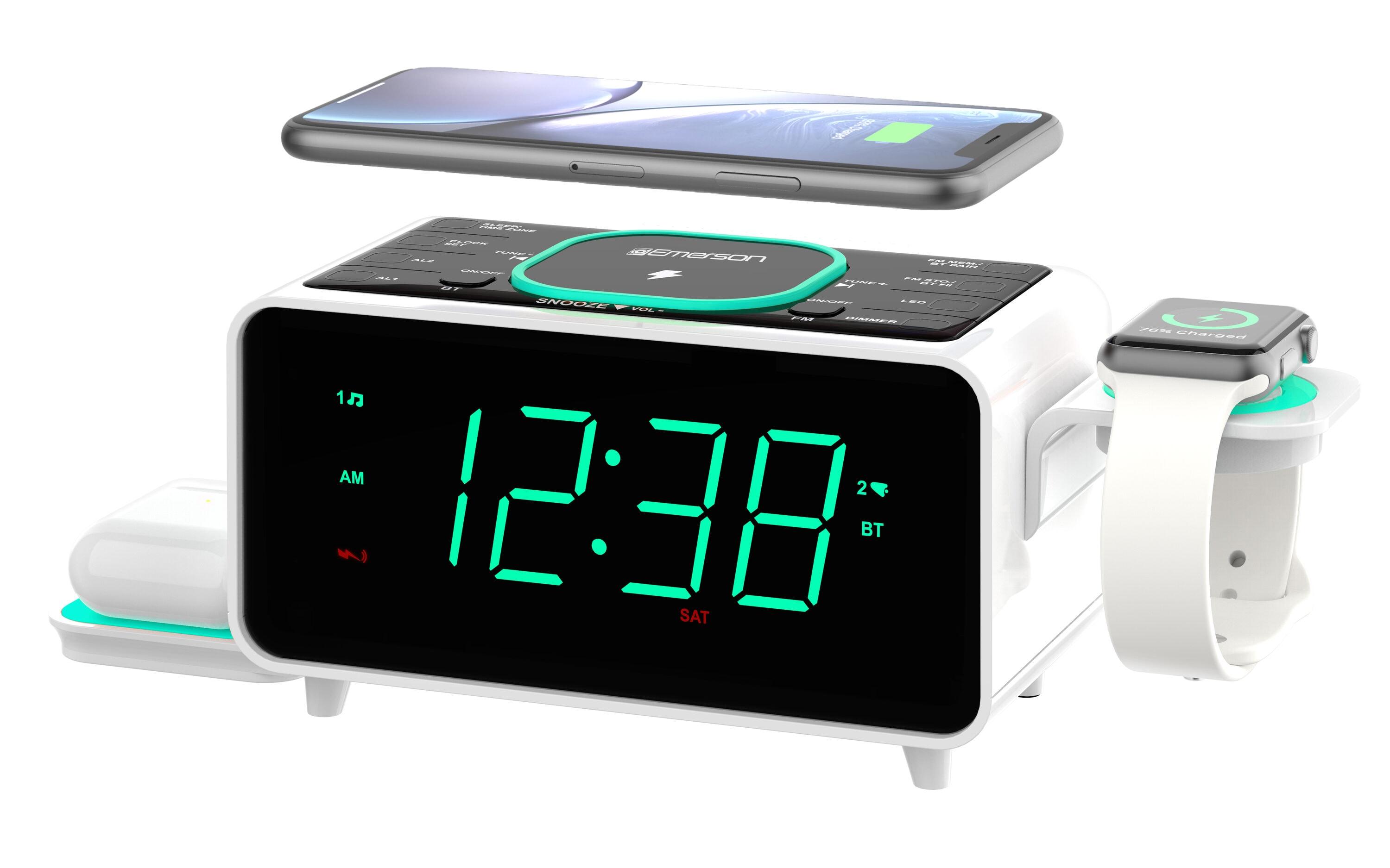 Emerson SmartSet Multiple Wireless Charging, Dual Alarm Clock Radio, Bluetooth Speaker, USB Charger, Cyan Night LED and 1.4” Display, ER100501