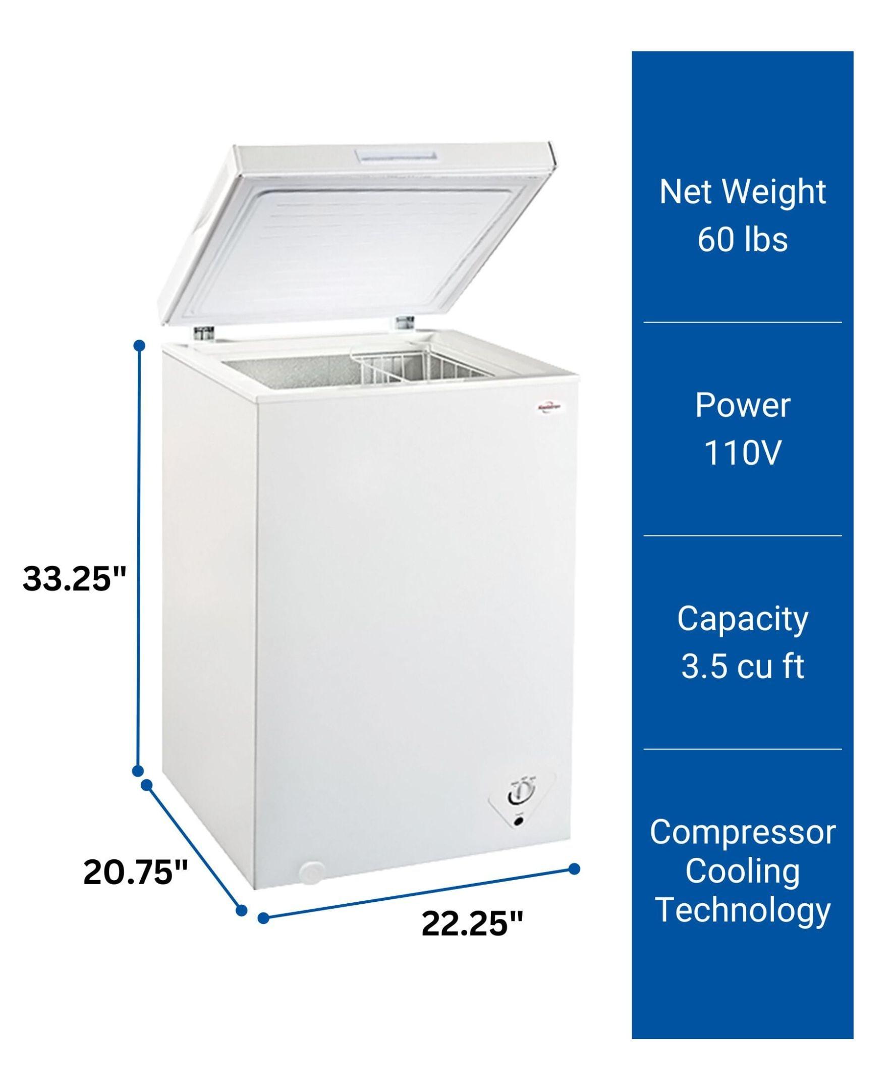 Koolatron 3.5 cu ft Compact Chest Freezer 99L White Manual Defrost Deep Freeze Storage Basket Space-Saving Flat Back