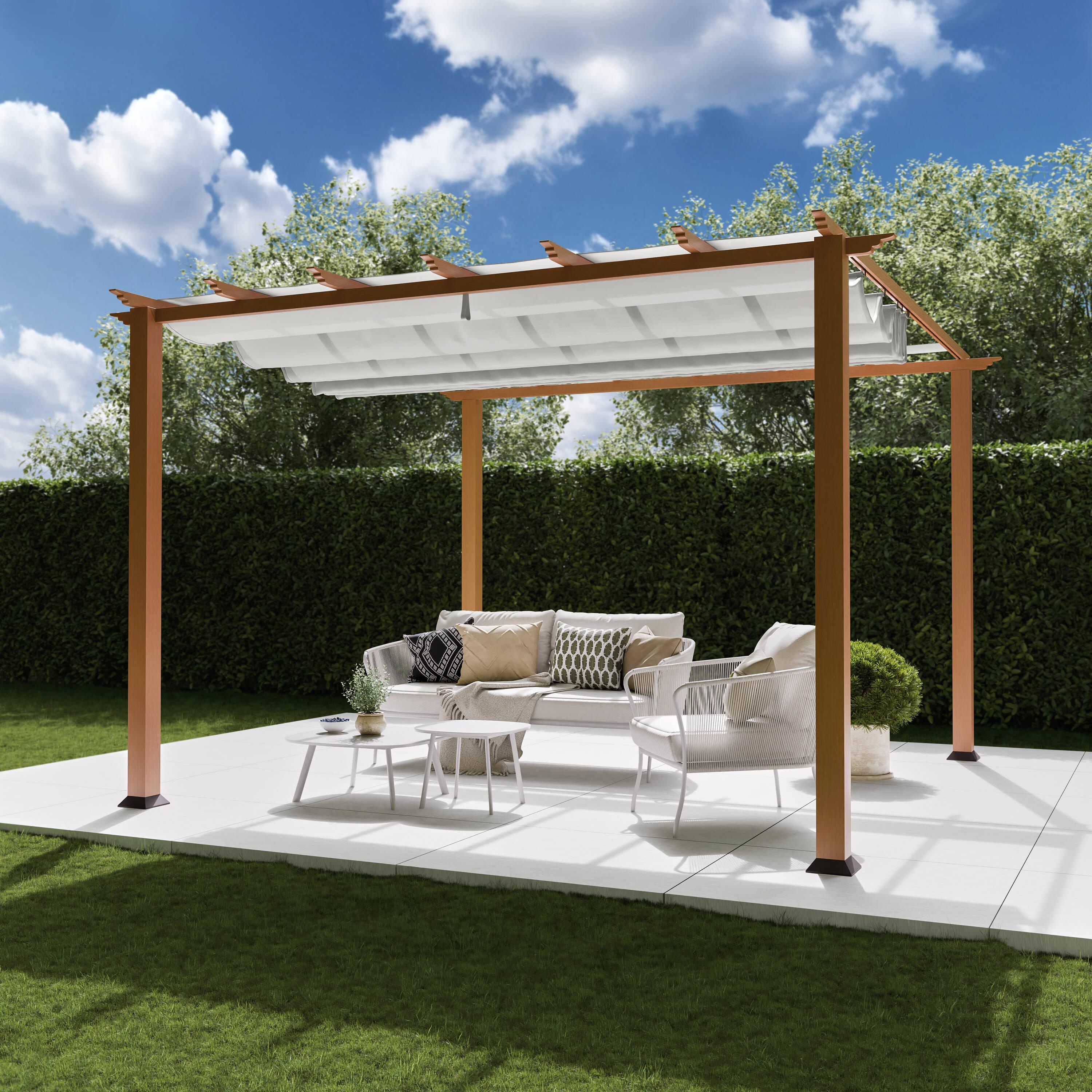 Paragon-Outdoor Florence 11 ft. W x 11 ft. D Wood Grain Aluminum Pergola in Canadian Cedar with Convertible Canopy