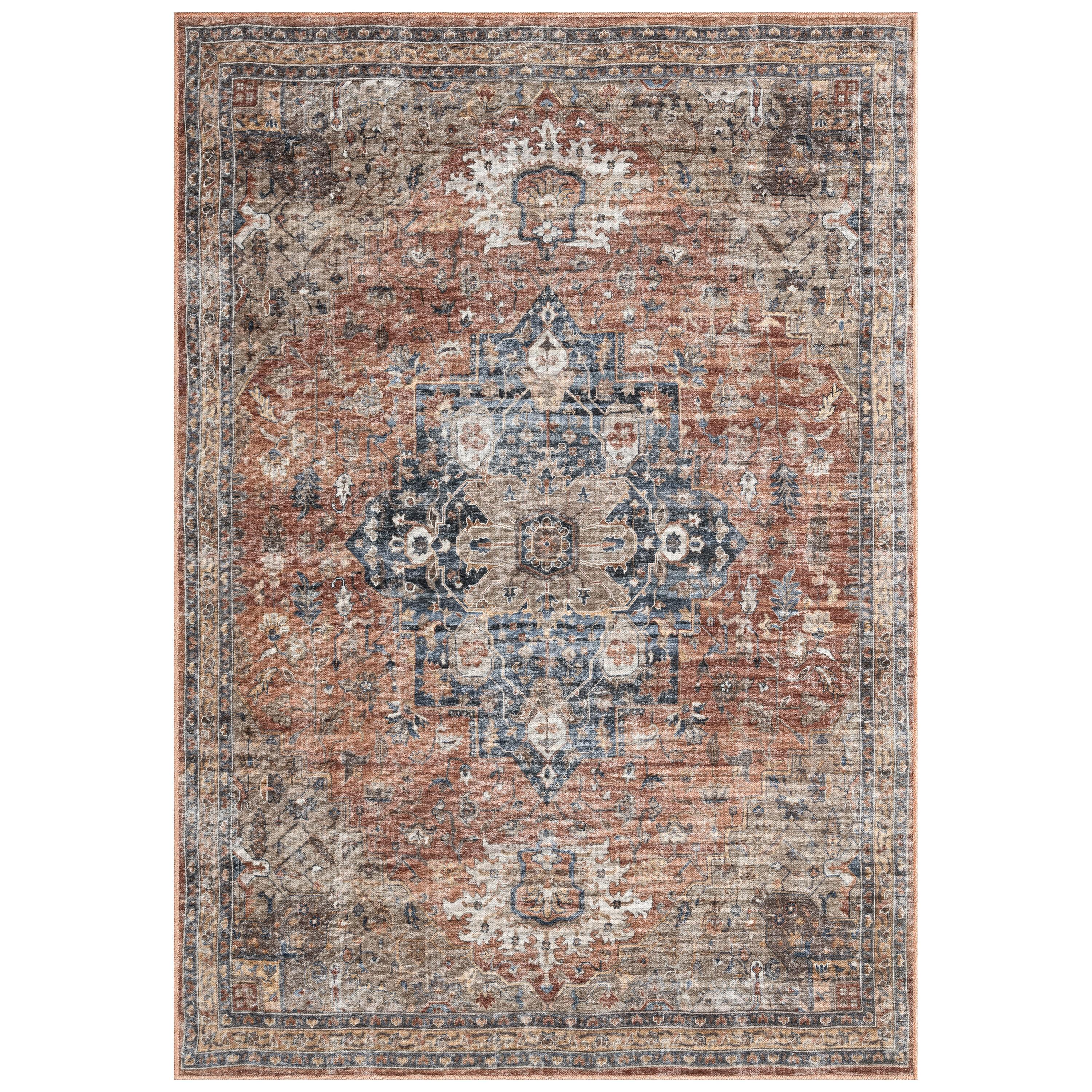 Everwash™ Callaghan Esther Bohemian Medallion Machine Washable Area Rug, Rust/Navy Blue, 6'6"x9'2"