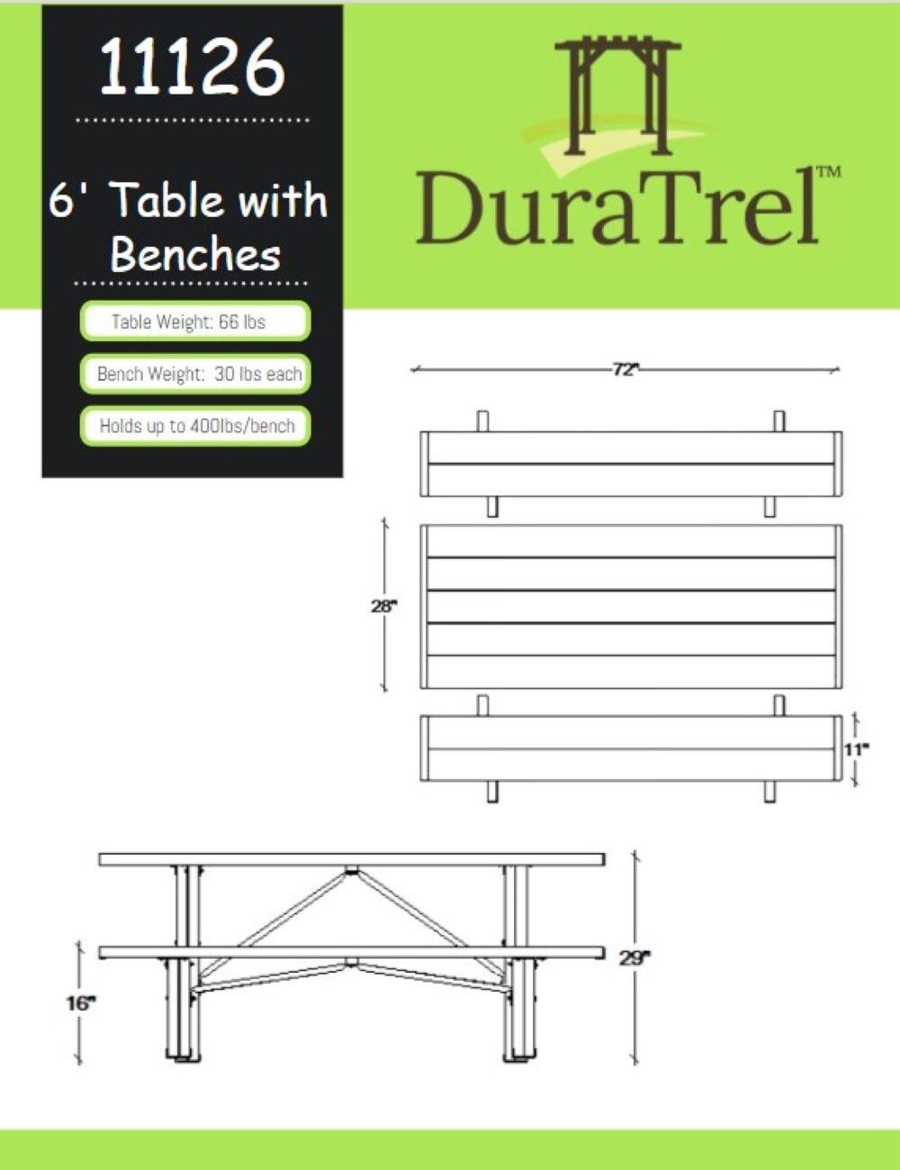 DuraTrel 6' White Vinyl Picnic Table with Benches