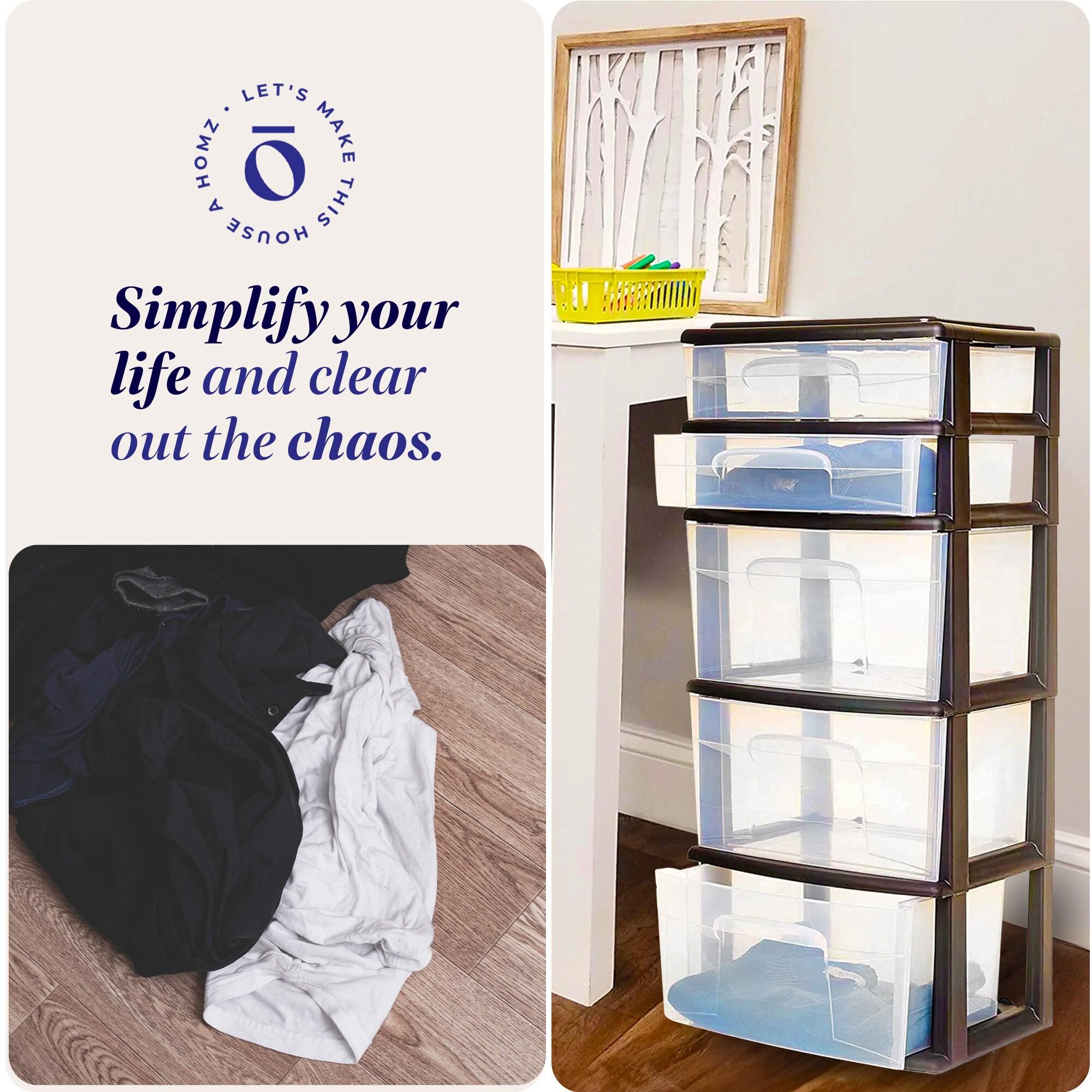 Homz Plastic 5 Clear Drawer Medium Home Closet Organizer Storage Container Tower with 3 Large Drawers and 2 Small Drawers, Black Frame