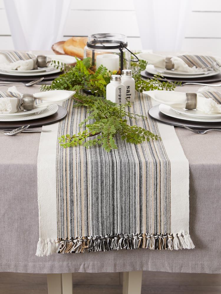 Native Fab Dining Stripe Table Runner with Tassels 100% Cotton, 14"x108", Black White