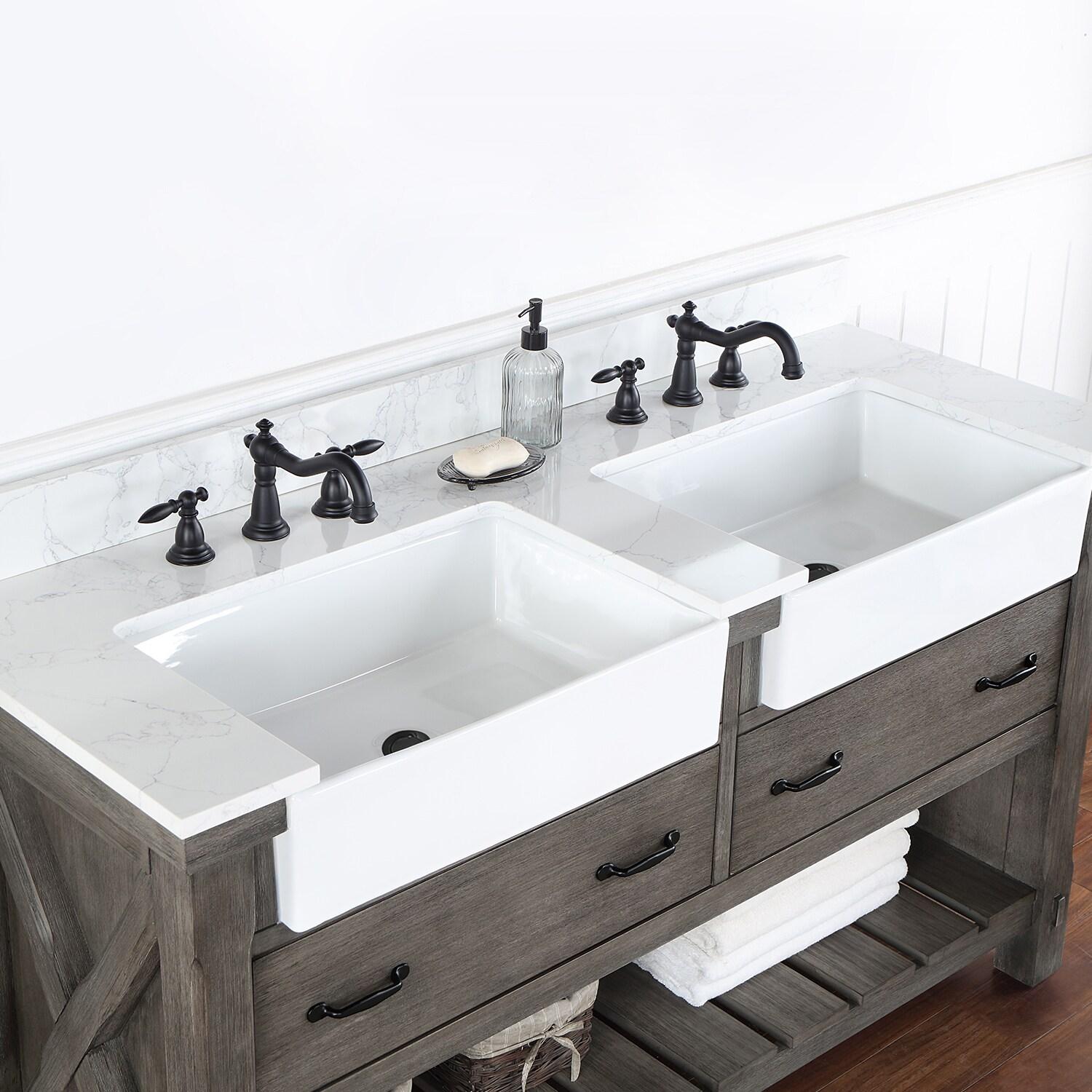 60 in. Villareal Double Bathroom Vanity, Classical Grey with Composite Stone Top in White, White Farmhouse Basin