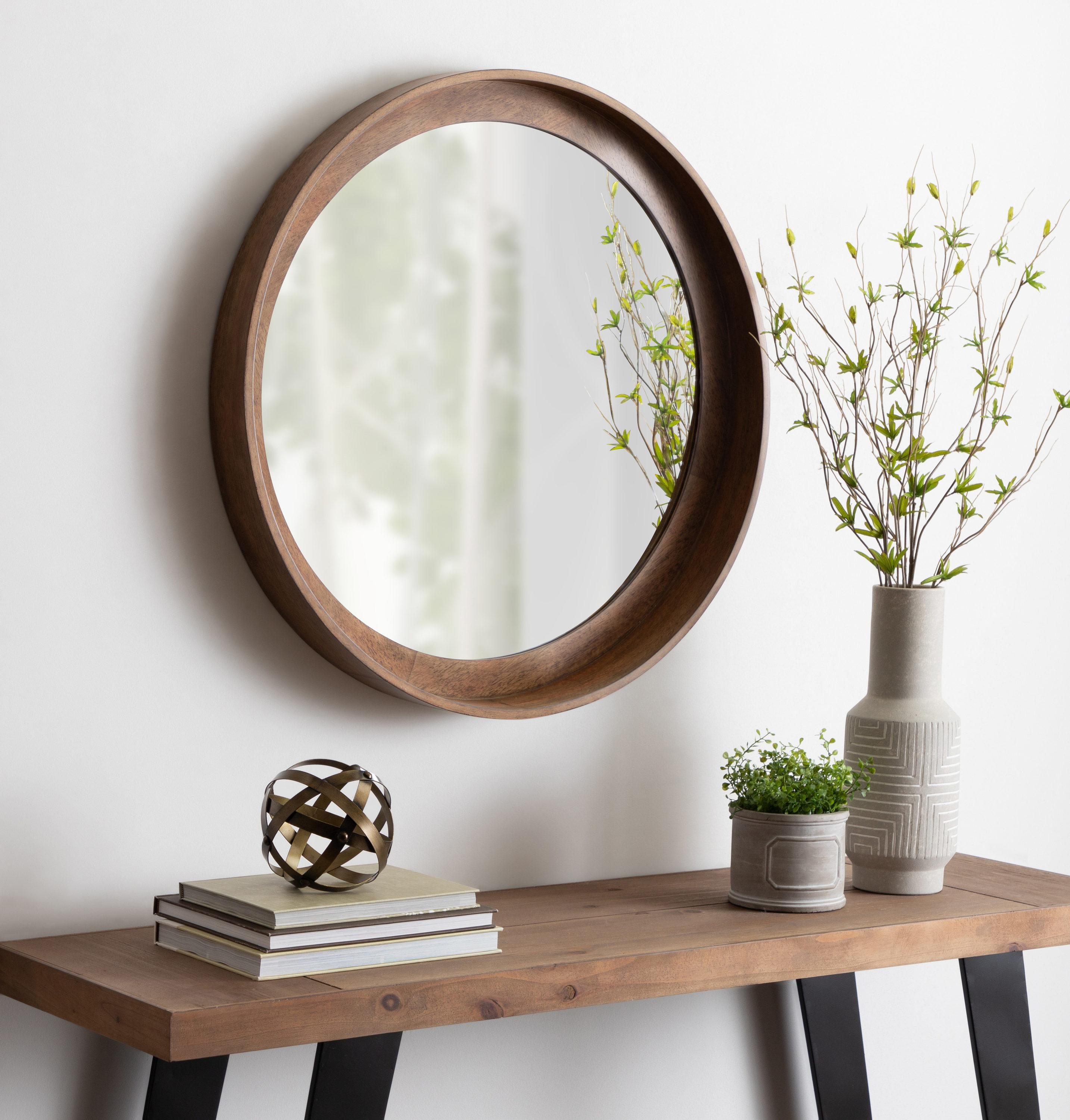 Kate and Laurel  Basking Wall Mirror with Shelf Walnut 30" Diameter