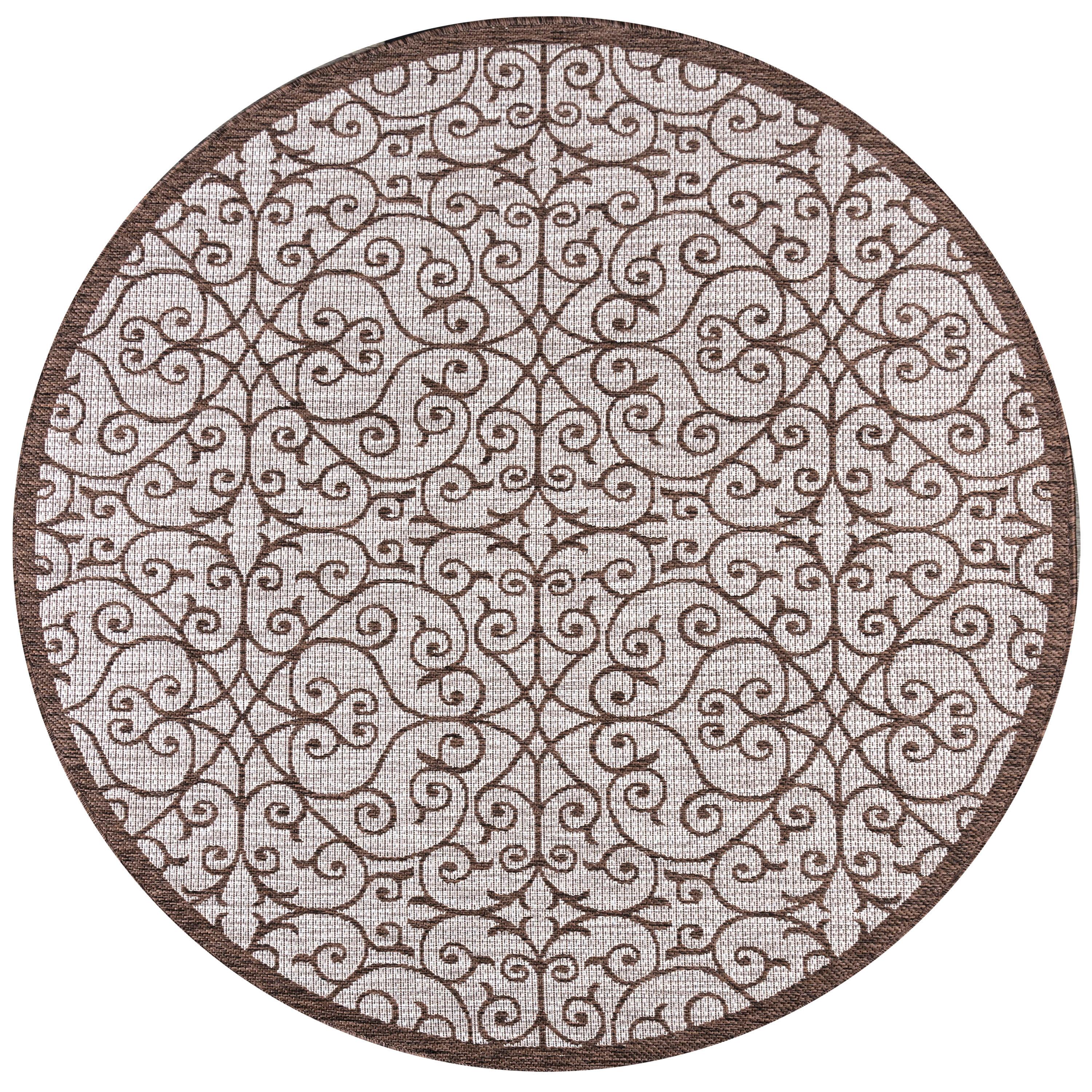 5' Round Madrid Vintage Filigree Textured Weave Indoor/Outdoor Area Rug, Taupe/Espresso - JONATHAN Y