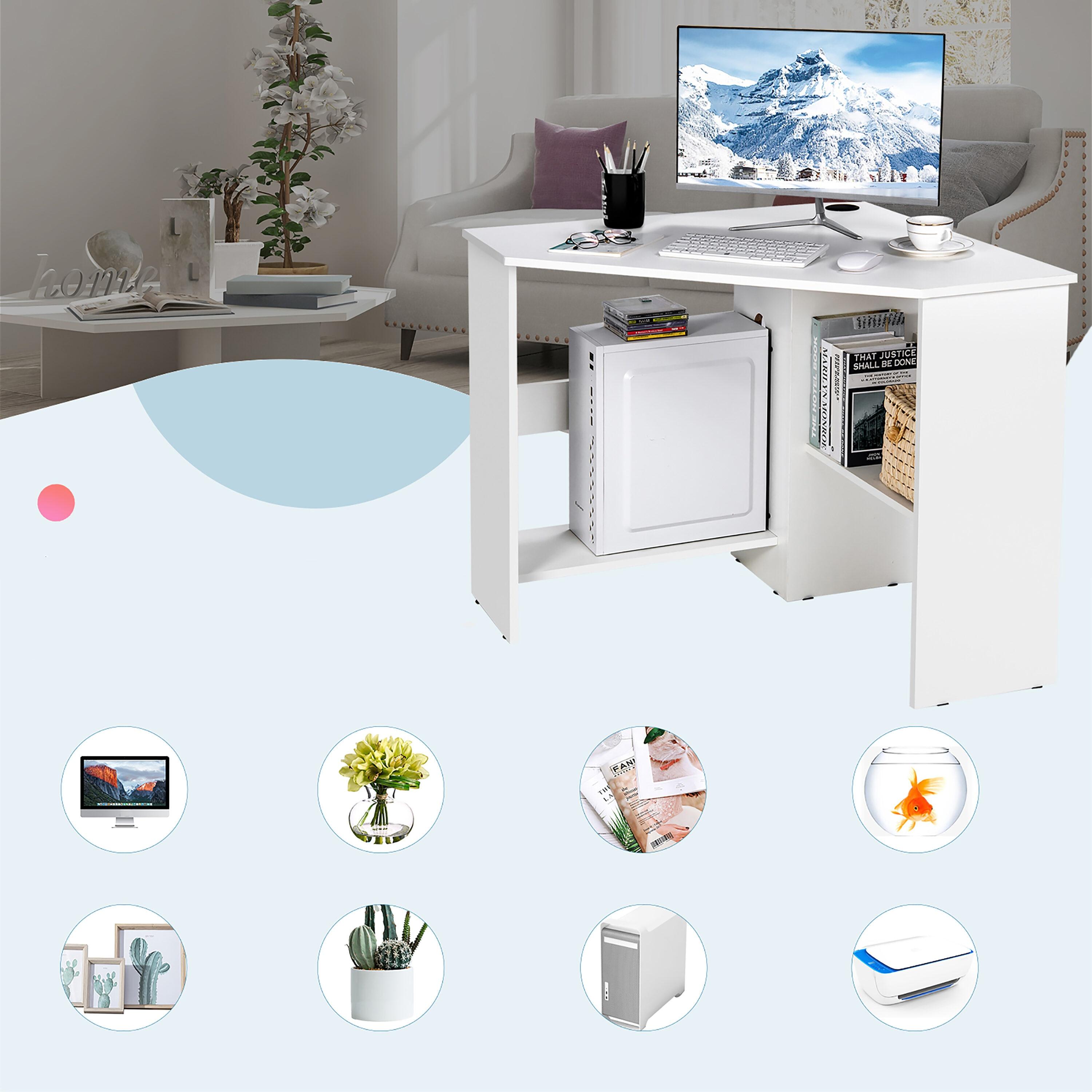 Costway Corner Computer Desk Triangle Writing Workstation w/ Storage Shelf White