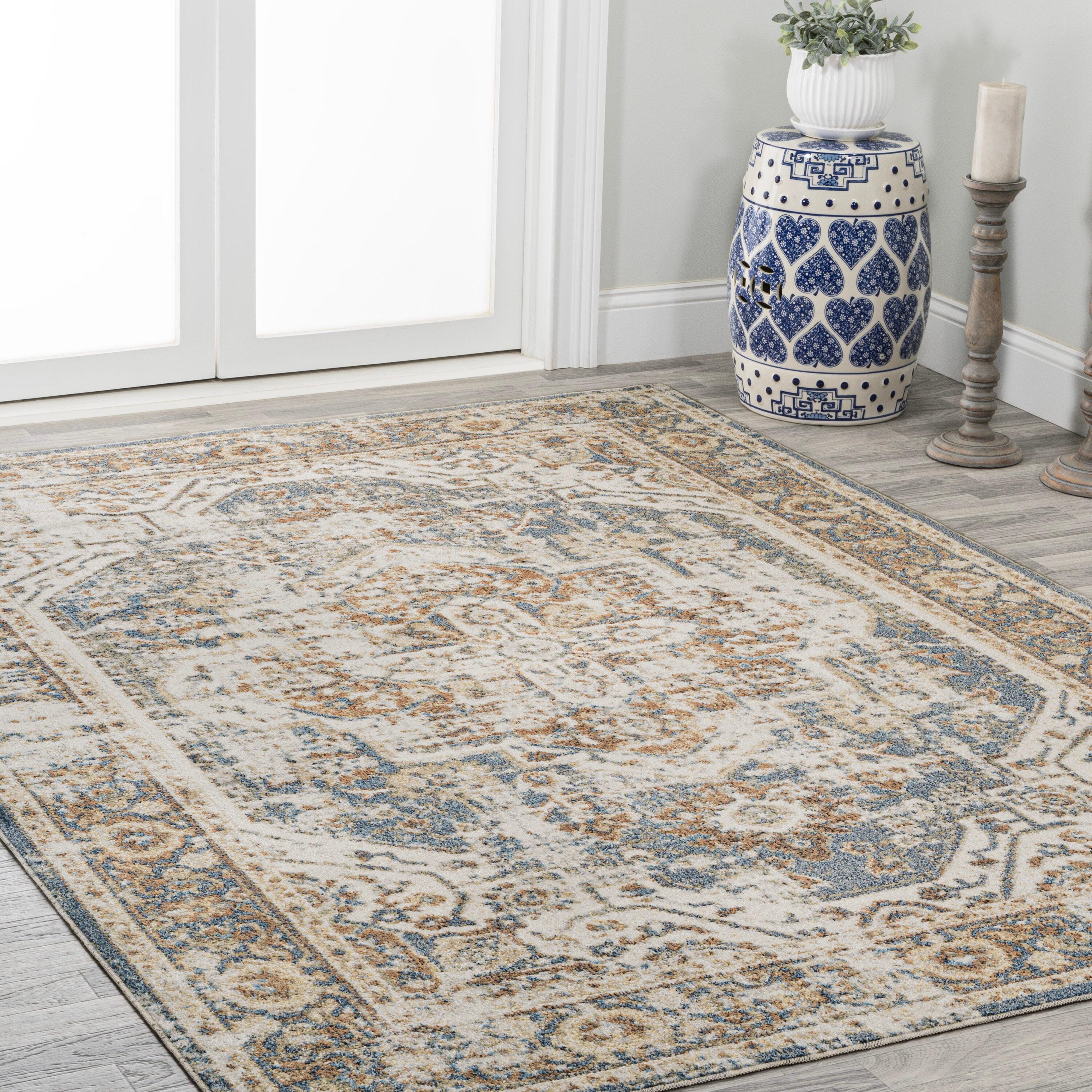 JONATHAN Y Keesha Bold Distressed Medallion Low-Pile Machine-Washable Blue/Cream 5 ft. x 8 ft. Area Rug