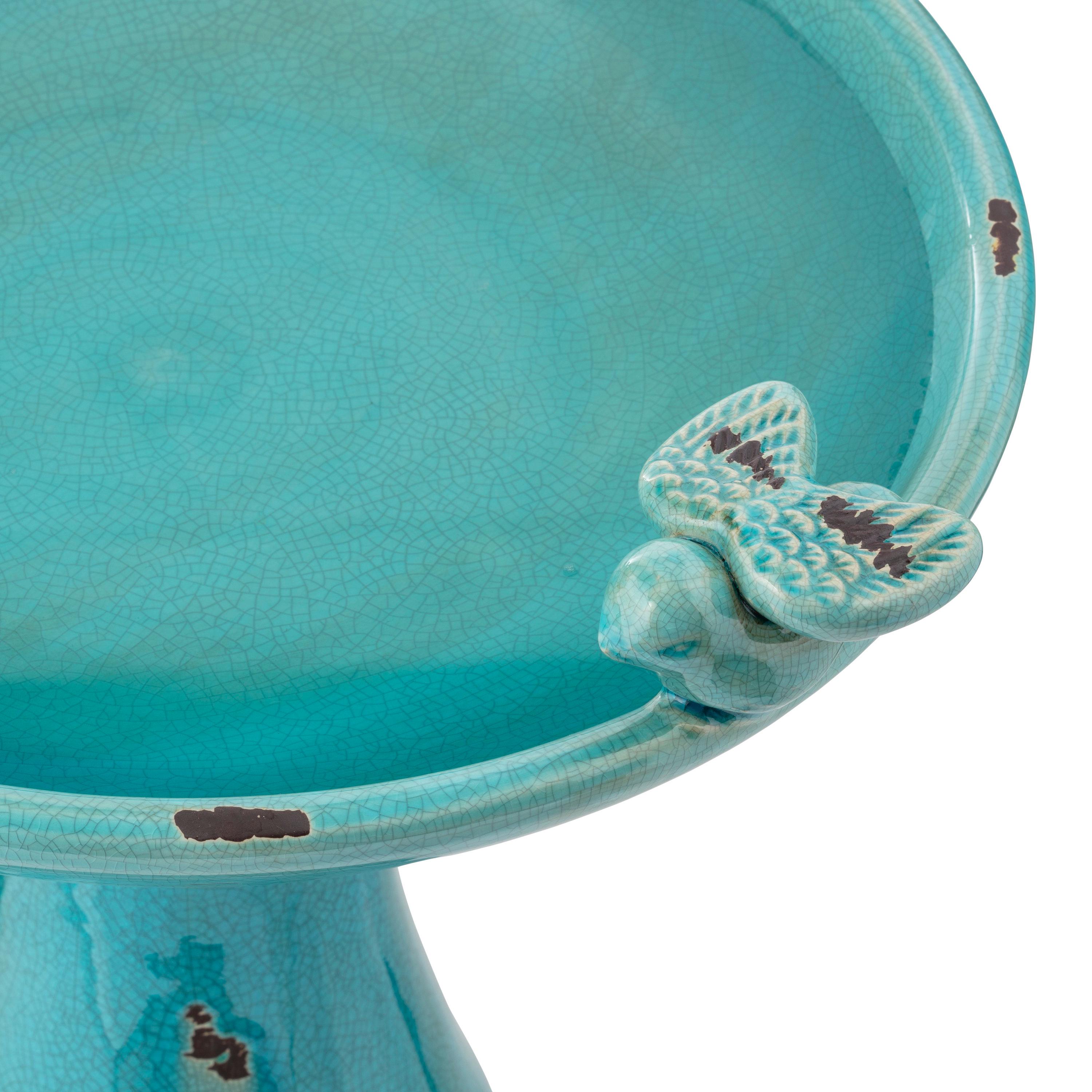 Alpine Corporation Ceramic Pedestal Bird Bath with Bird Figurines, Turquoise