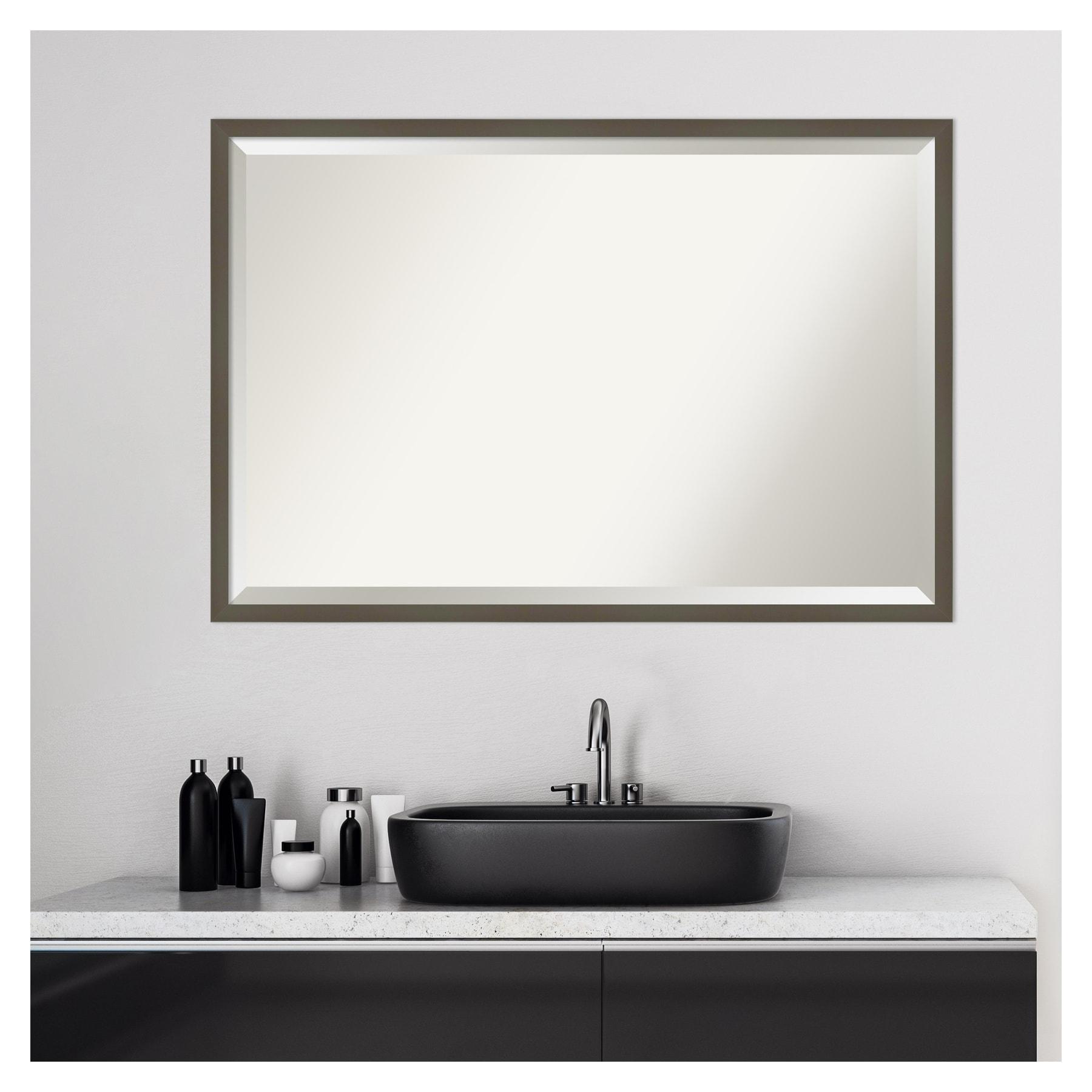 Amanti Art Beveled Wood Bathroom Wall Mirror - Svelte Frame Svelte Clay Grey Outer Size: 37 x 25 in Grey