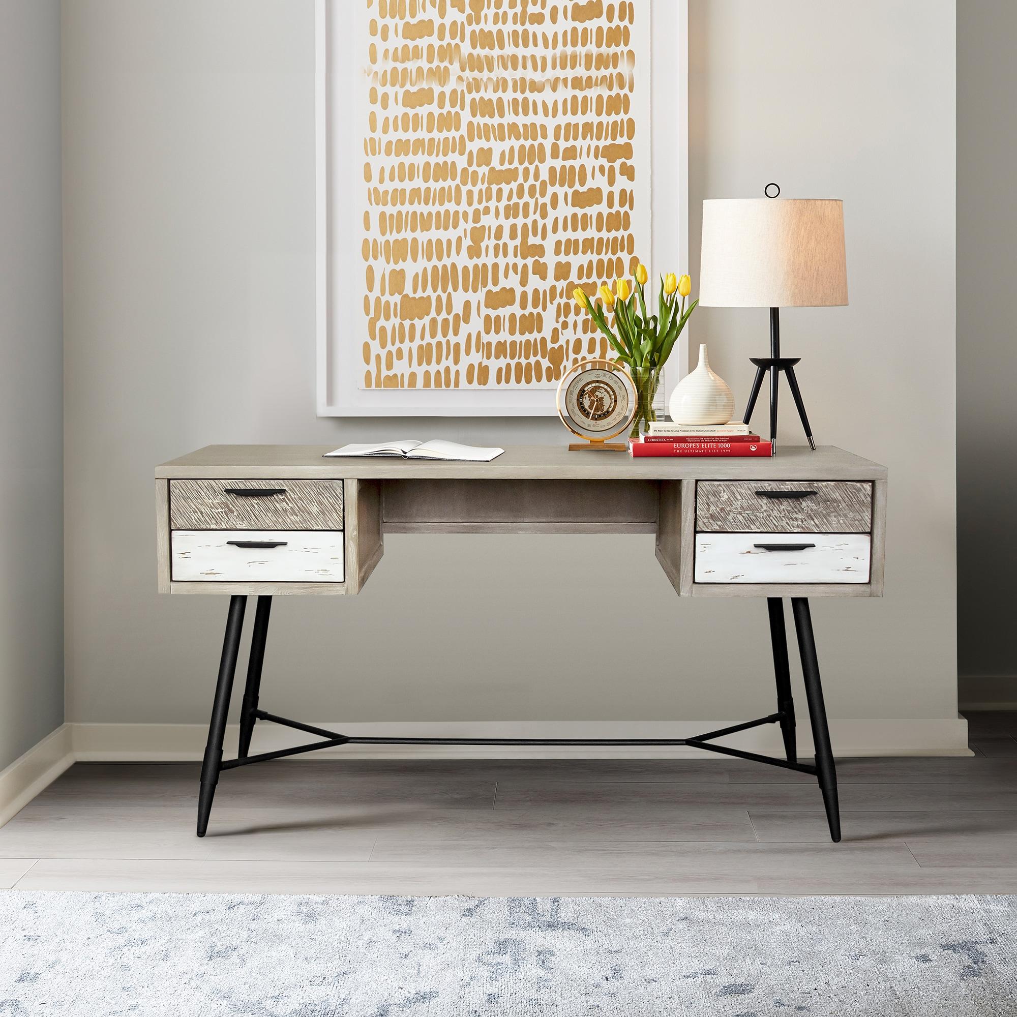 Armen Living Bridges 4-Drawer Modern Wood Desk in Natural/Gray