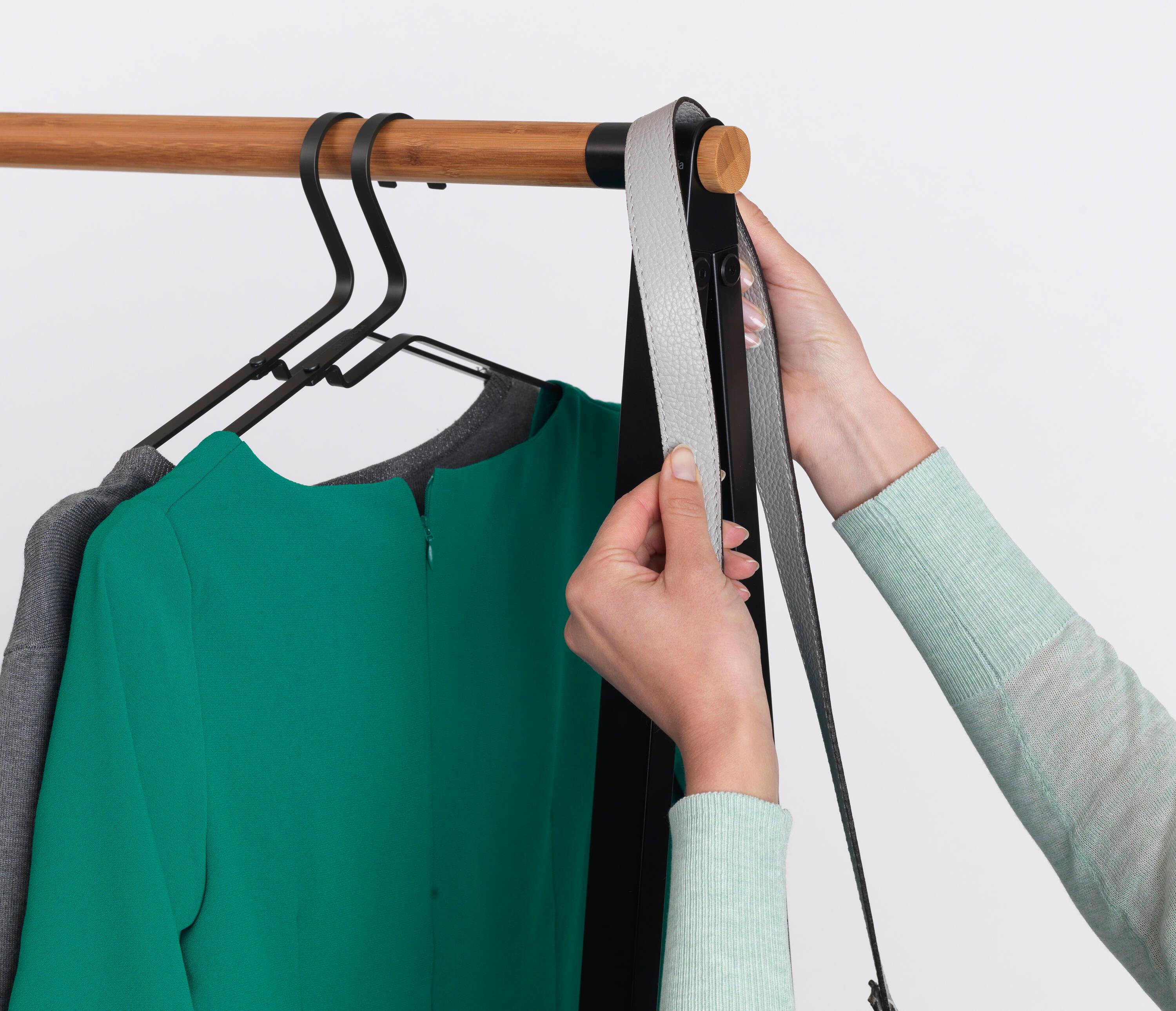 Black Steel and Bamboo Freestanding Garment Rack with Adjustable Shelves