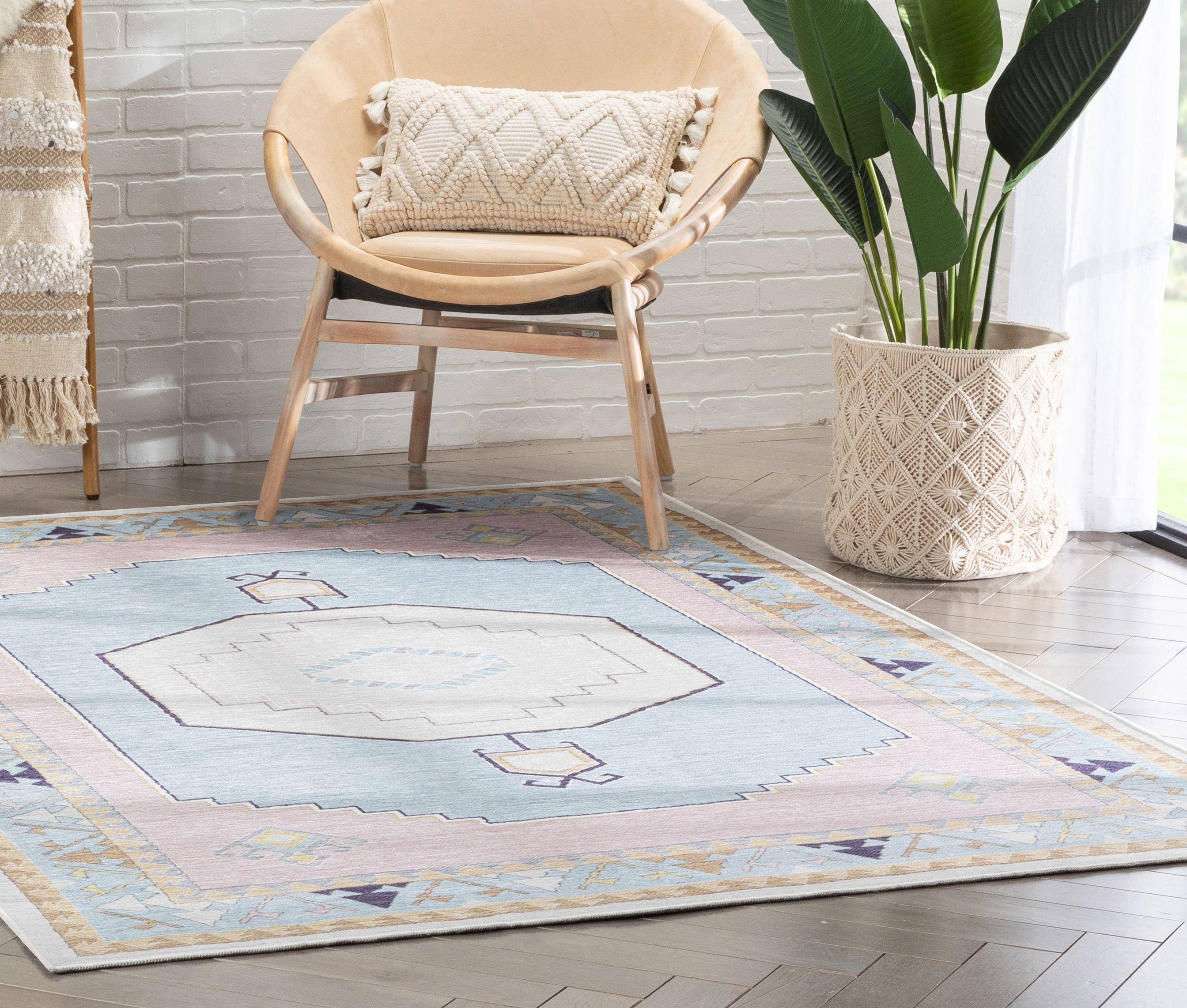 Apollo Well Woven Kids Rugs Ethnic Soft Medallion Modern Pink Light Blue Area Rug