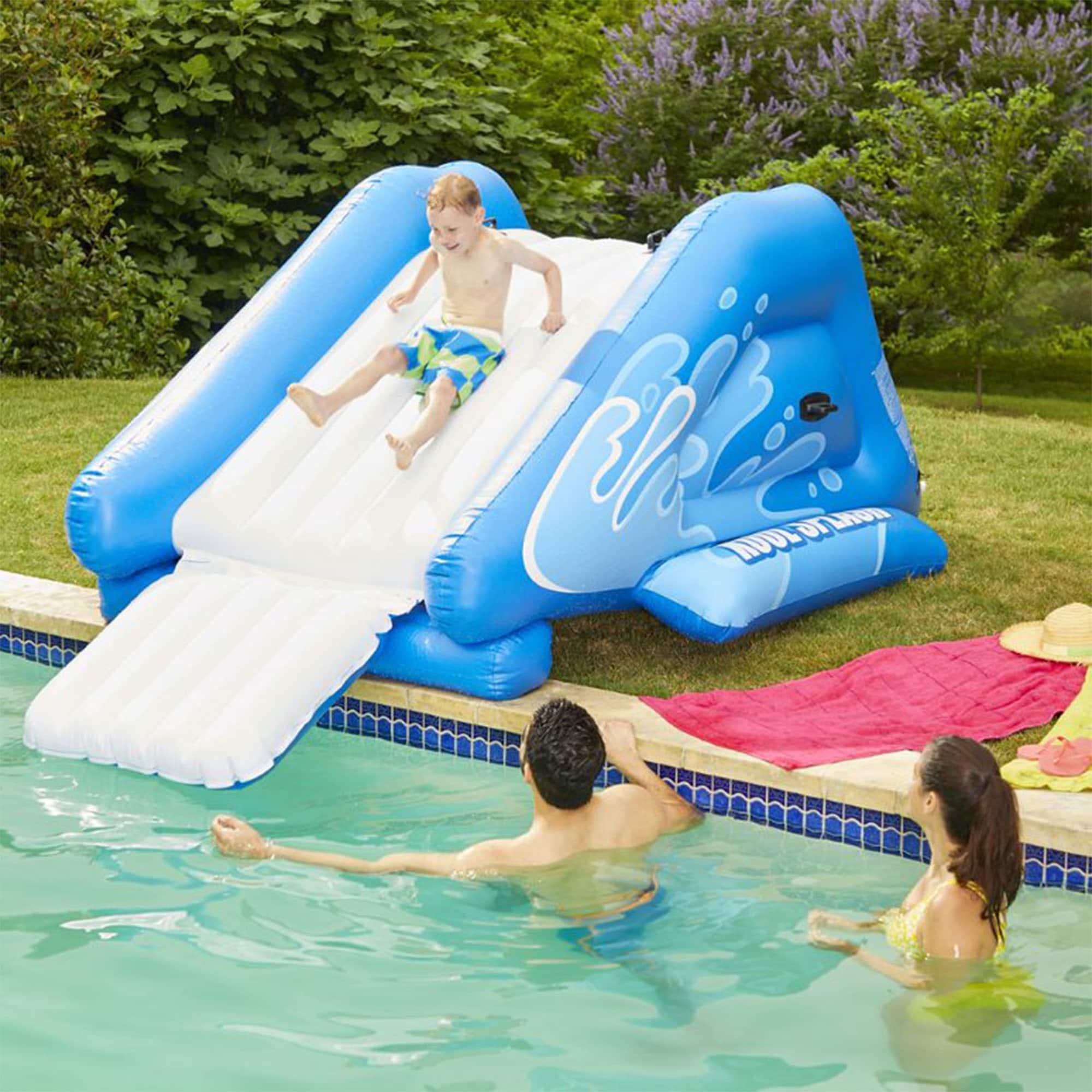 Intex Kool Splash Inflatable Play Center Swimming Pool Water Slide, Blue, and Inflatable 8.5'x5.75' Swim Center Family Pool for 2-3 Kids, Blue & White