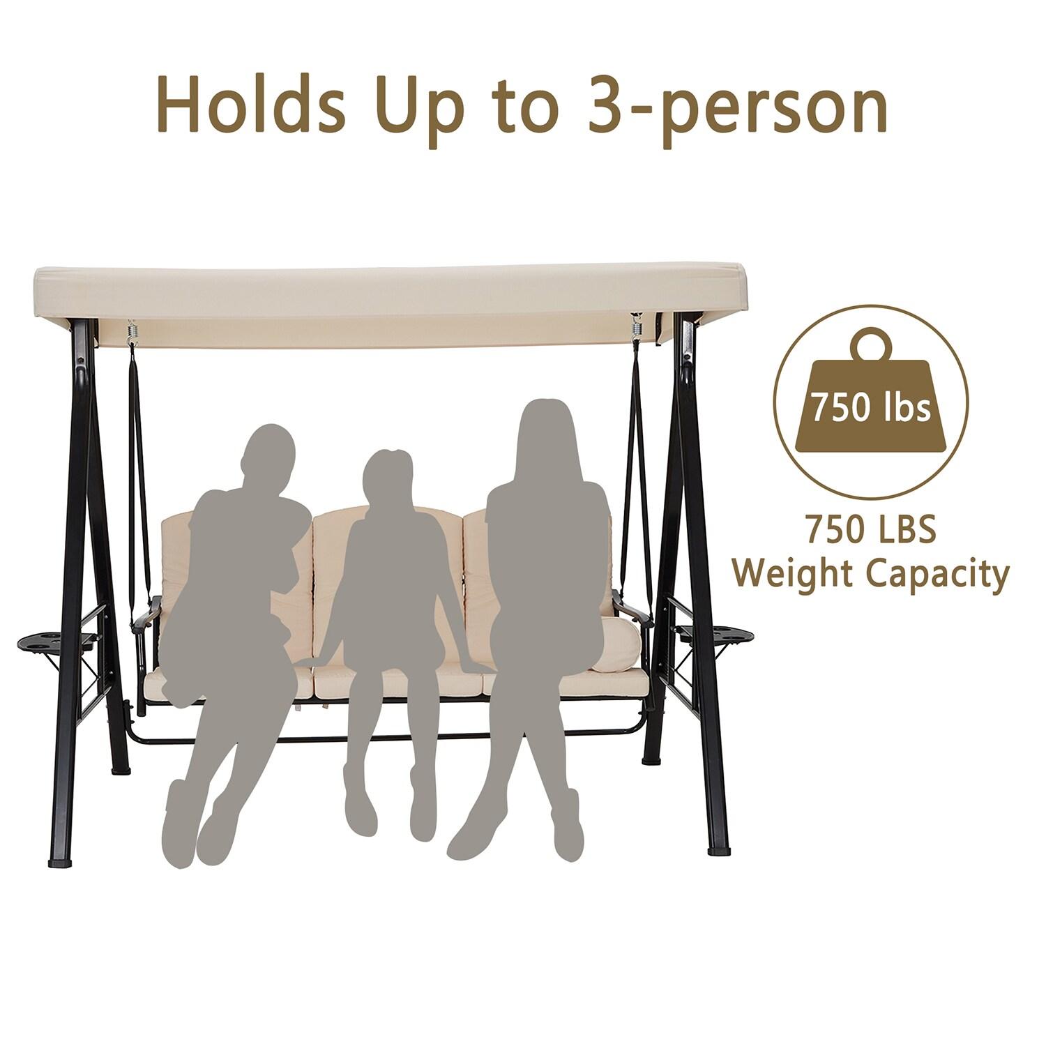 Outsunny 3-Seat Outdoor Patio Swing with Adjustable Tilt Canopy, Cushions, Pillow, Steel Frame, Side Tray, Cup Holder, Beige