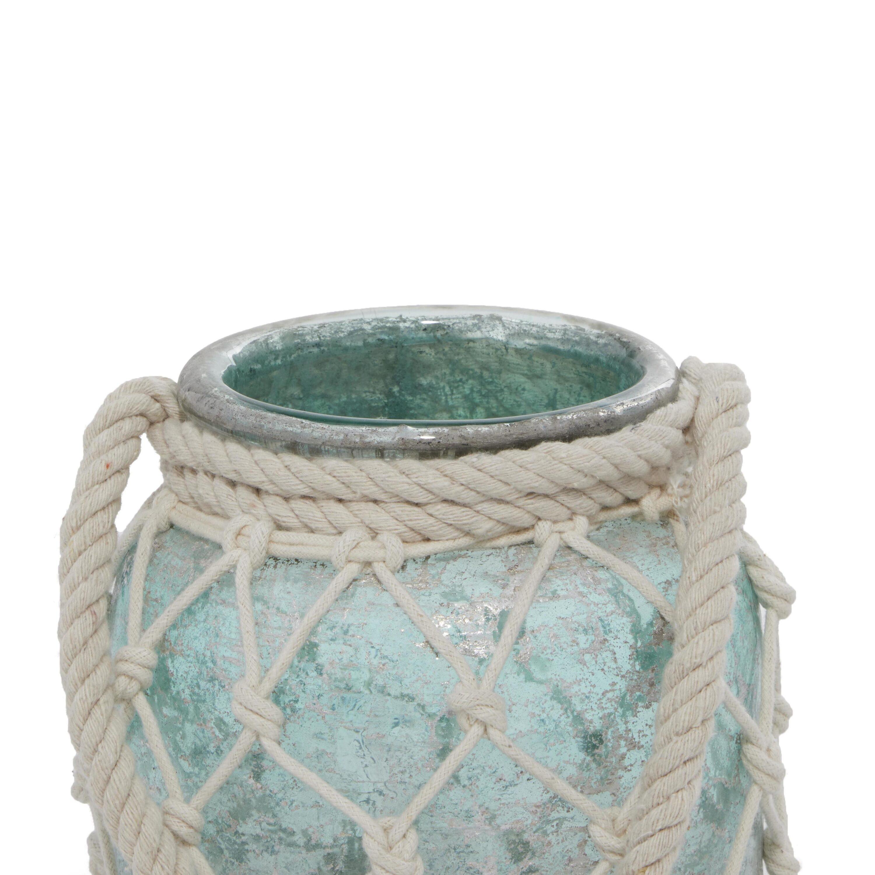 DecMode Blue Glass Decorative Candle Lantern with Rope Handle