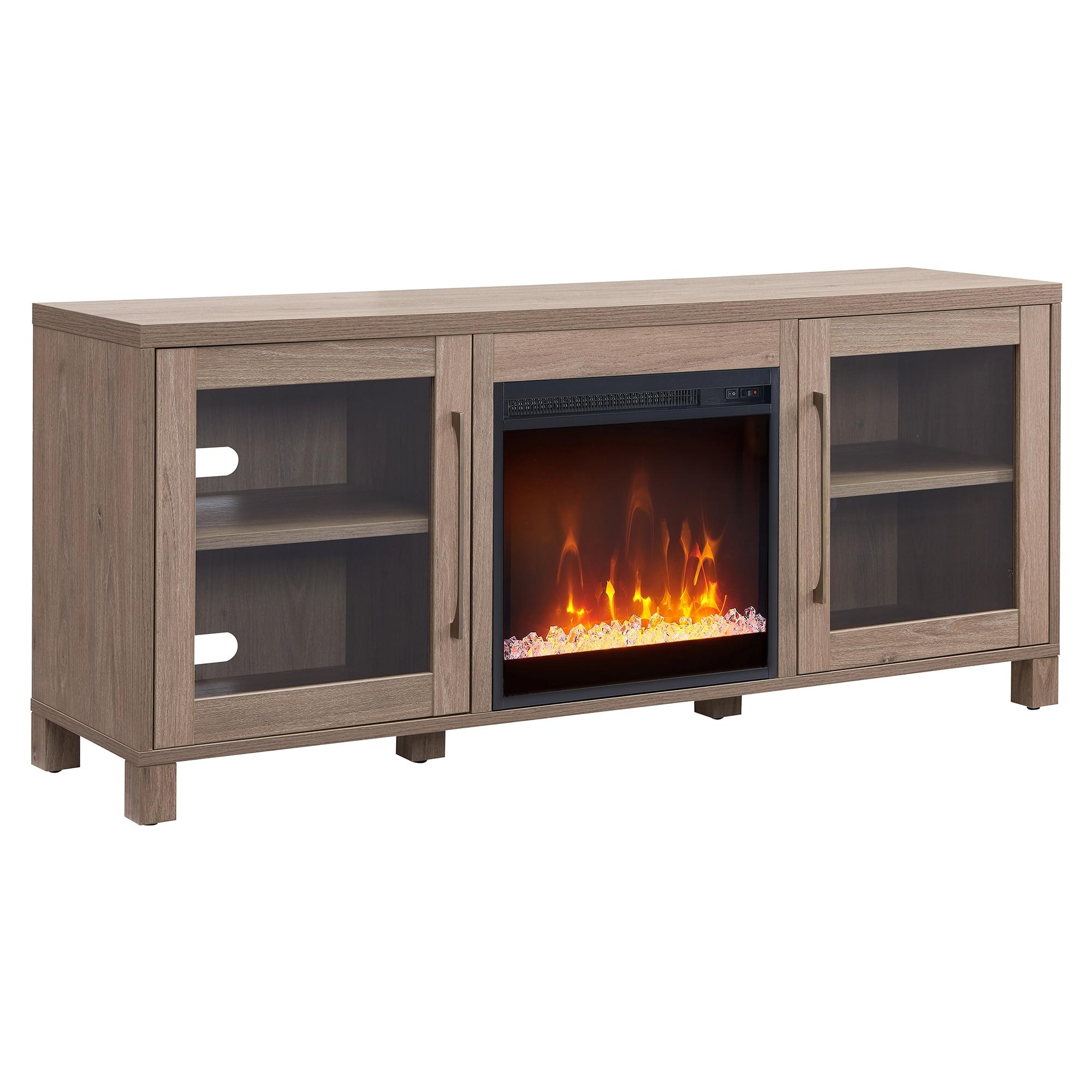 Evelyn&Zoe Quincy Rectangular TV Stand with Crystal Fireplace for TV's up to 65", Antiqued Gray Oak