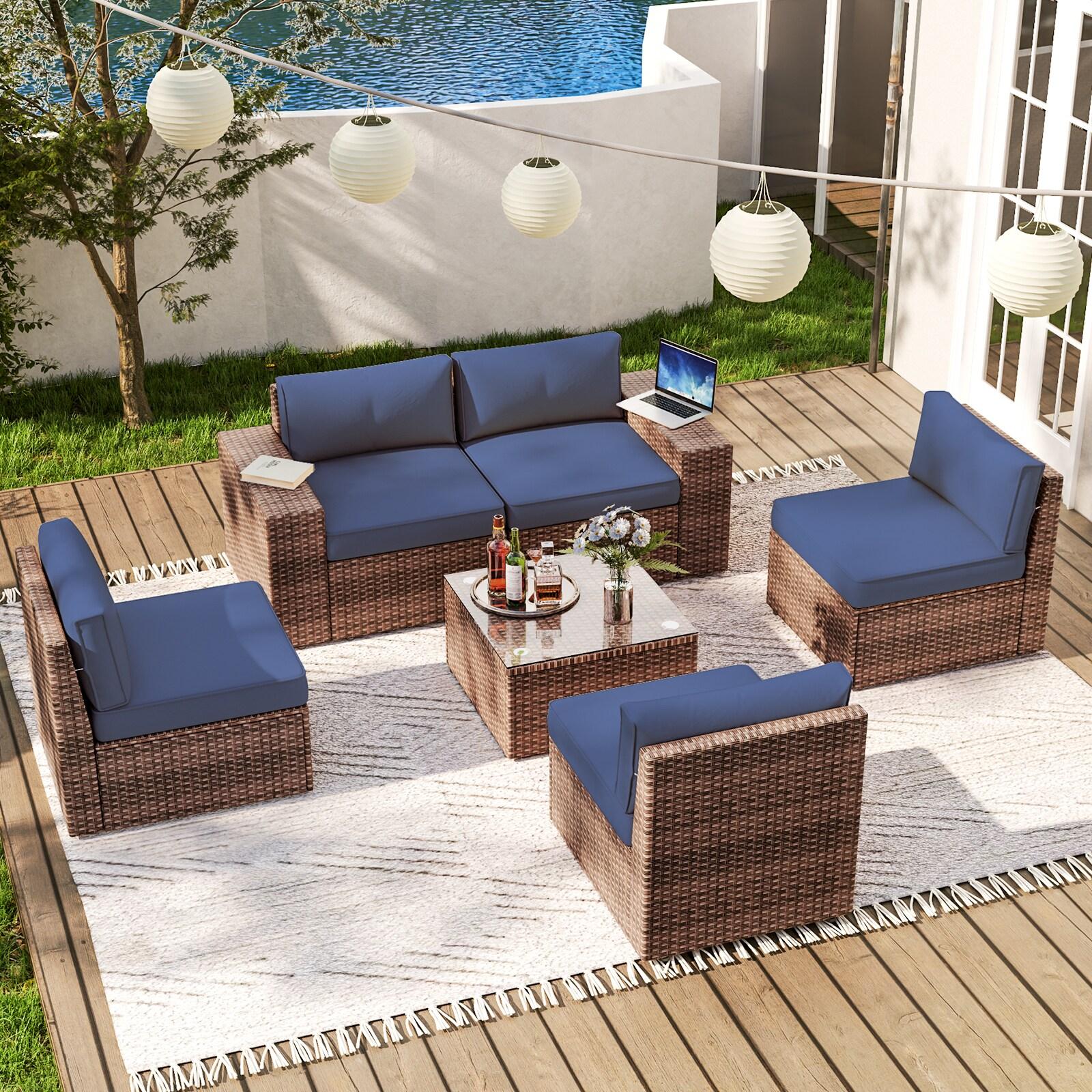 Aoxun Patio 6-Piece Rattan Furniture Set Outdoor Sectional Sofa with Accessories Included, Blue