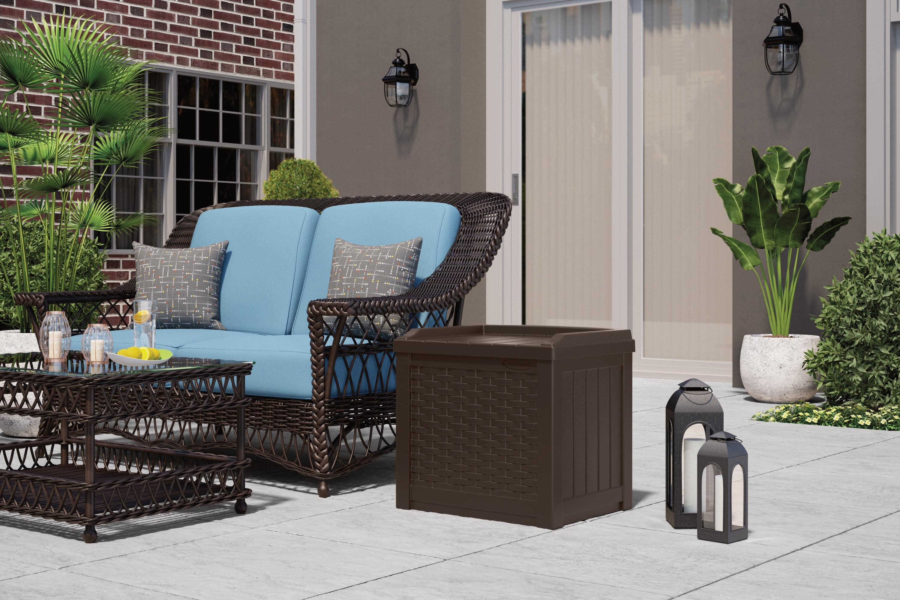Suncast Suncast Wicker 22 Gallon Water Resistant Resin Deck Box with Storage Seat in Java