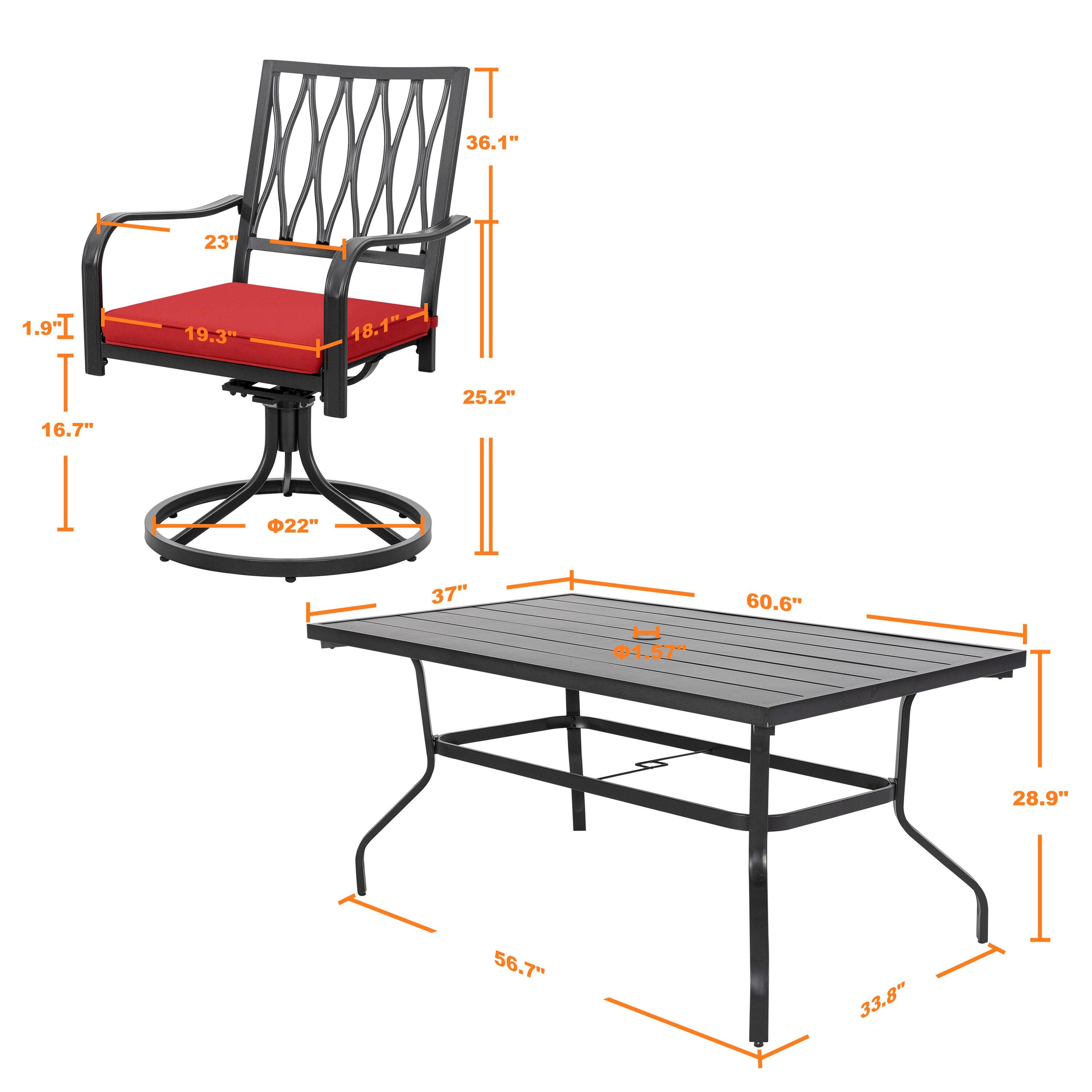 Nuu Garden 7 Piece Outdoor Patio Metal Dining Set with Swivel Cushioned Chairs & Rectangle Table for 6-Person,Black and Red Cushion