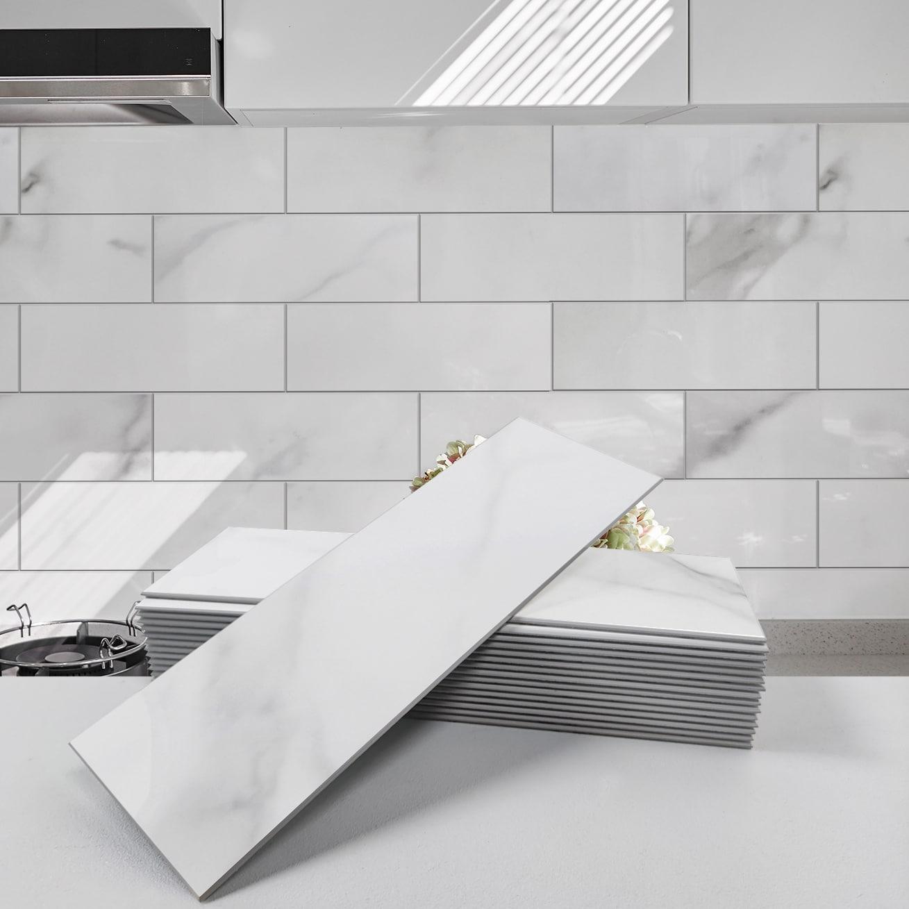 Avant Decor | 24 Stone Composite Subway Texture Tiles | Peel and Stick Kitchen Backsplash | 4" x 12" | Bex Metro Glossy Alpine | 8 sqft