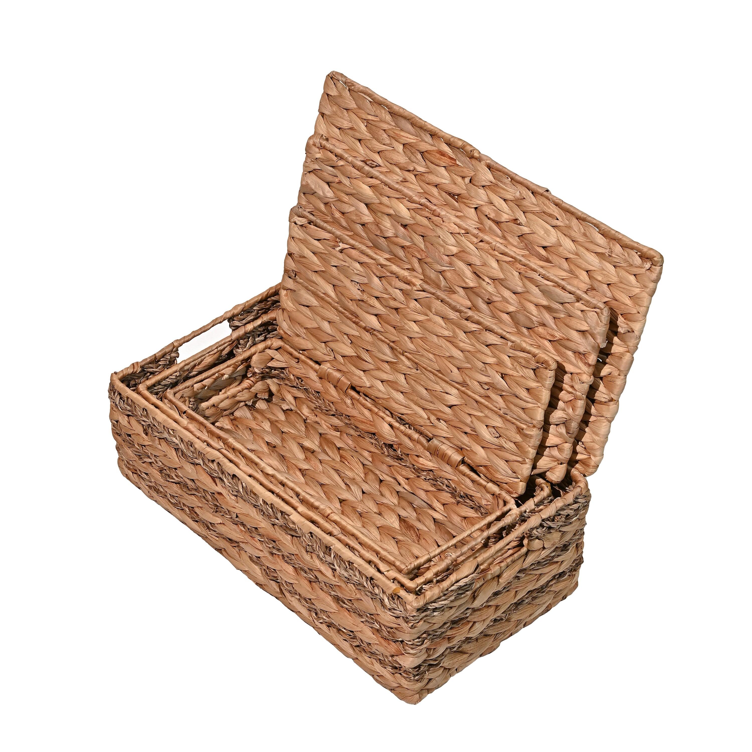 happimess Sandrine Classic Farmhouse Handwoven Hyacinth Storage Baskets with Handles and Lids, Natural (Set of 3)