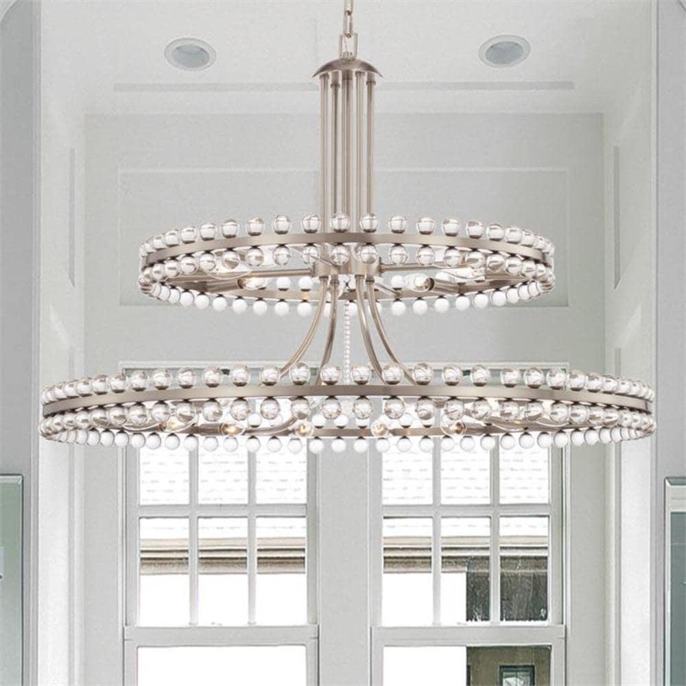 Brushed Nickel and Crystal 24-Light Chandelier with Glass Beads