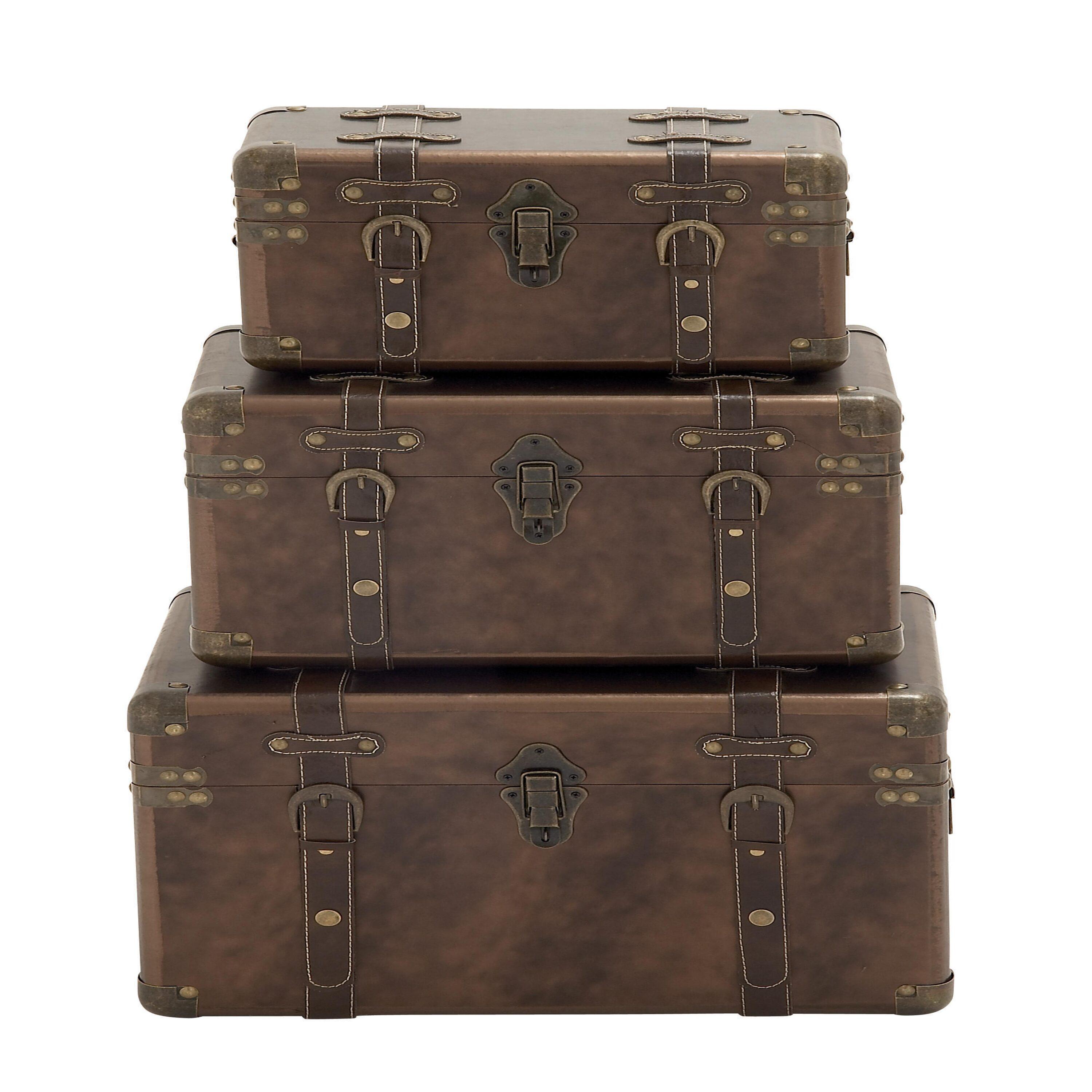 DecMode 18" x 12" Brown Leather Nesting Upholstered Trunk with Vintage Accents and Studs, 3-Pieces