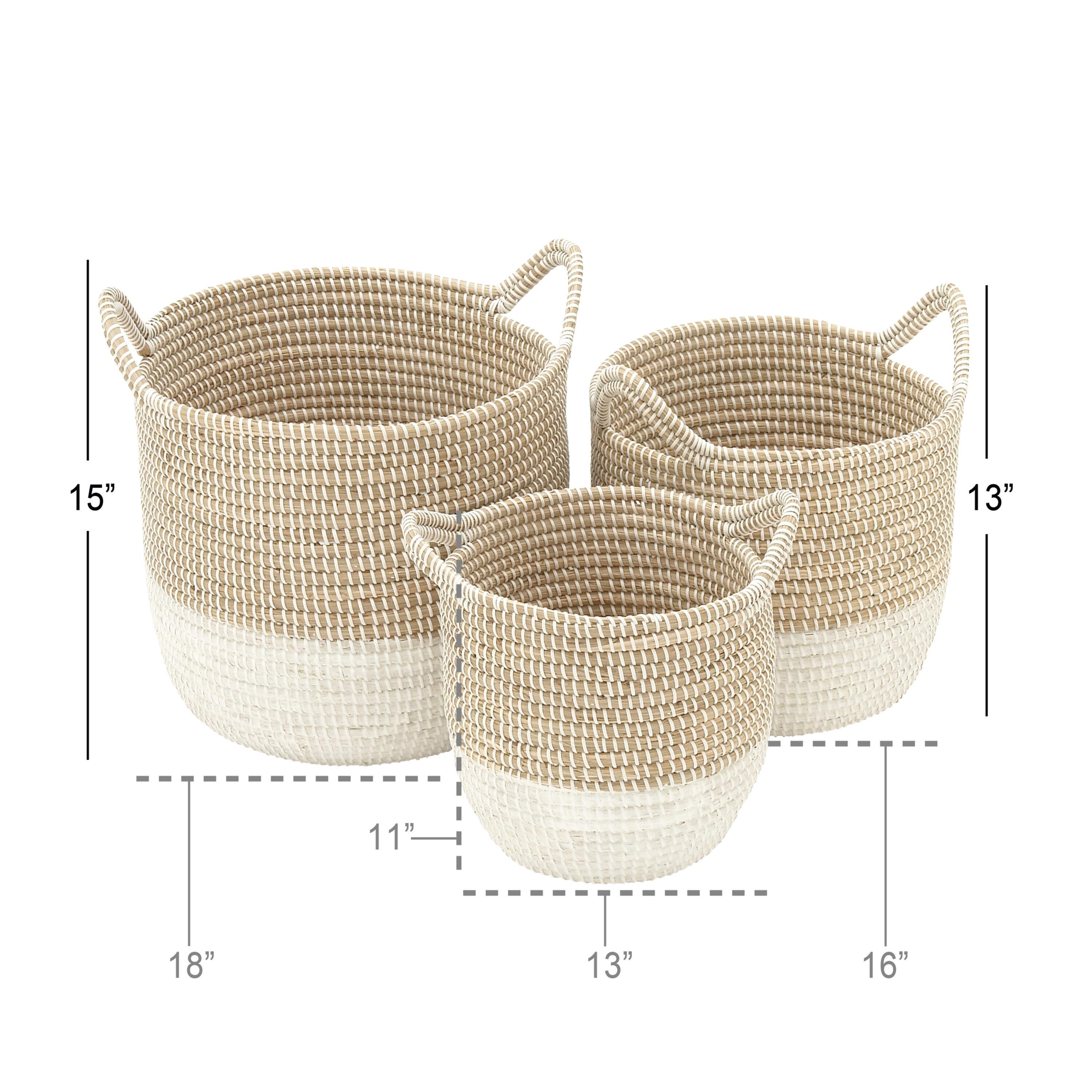 CosmoLiving by Cosmopolitan 13", 16", 18"W Brown Seagrass Handmade Two Toned Storage Basket with Handles, 3-Pieces