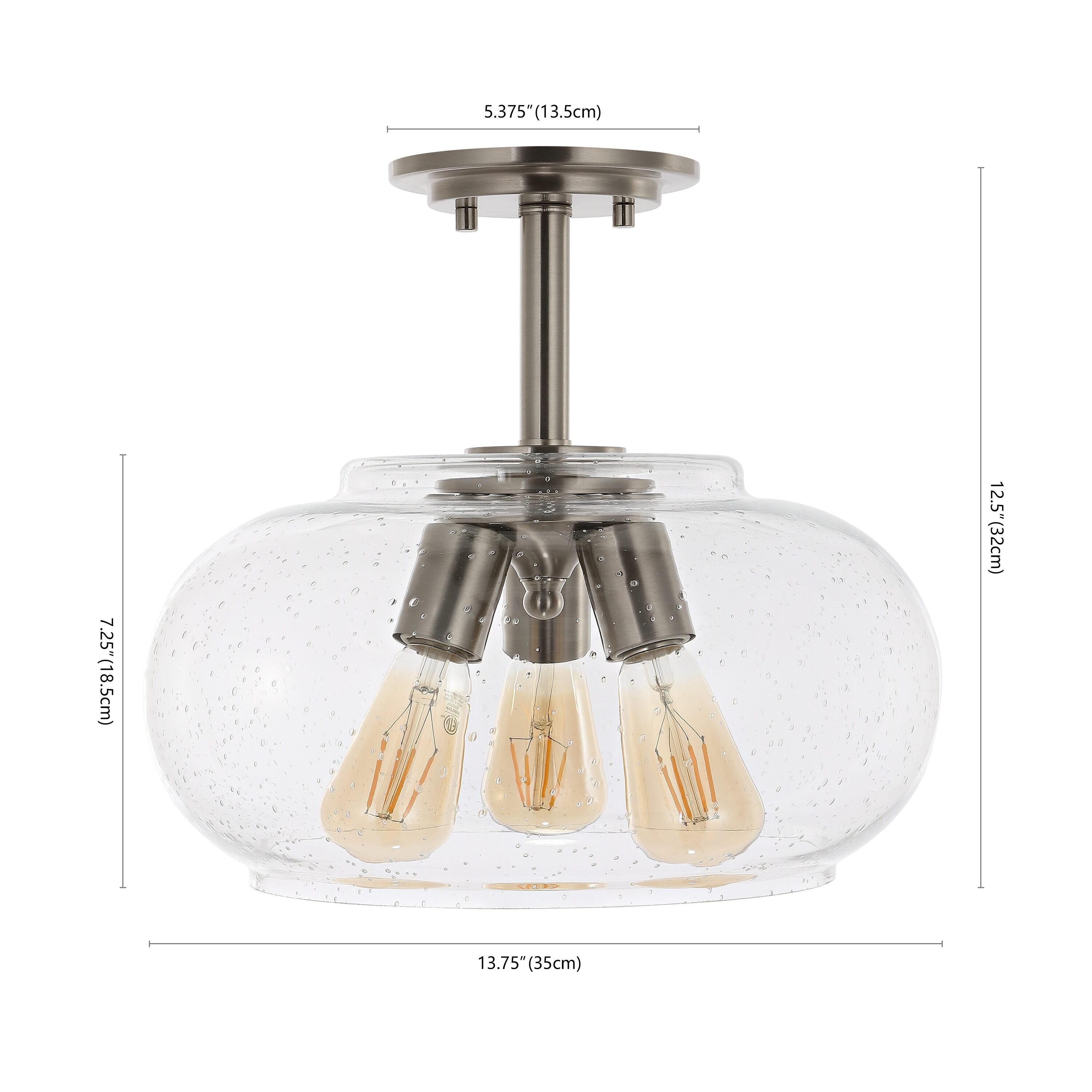 Lina 13.75" 3-Light Modern Industrial Iron/Seeded Glass LED Semi Flush Mount, Nickel/Clear