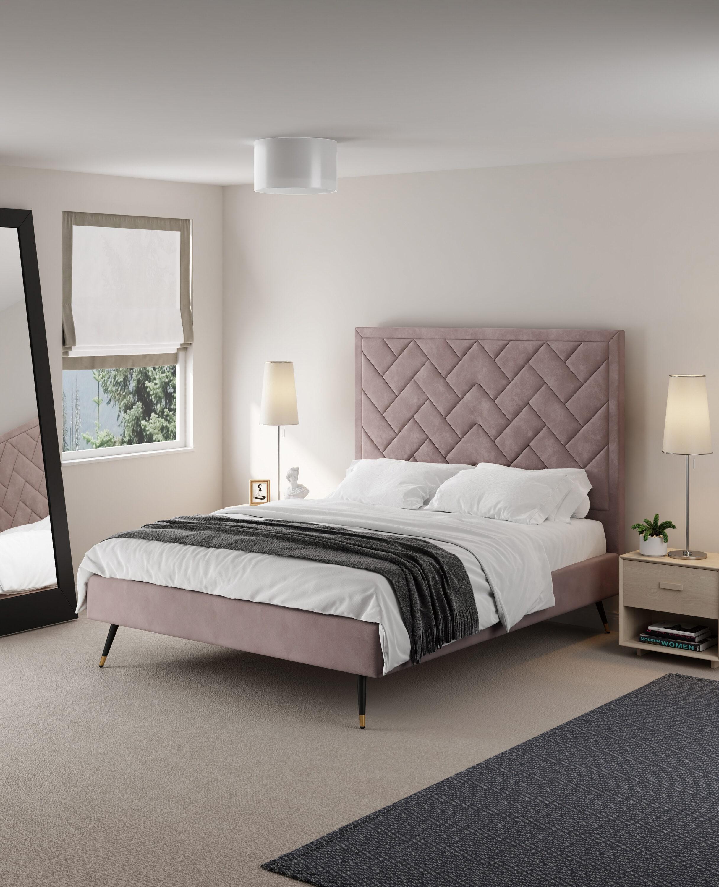 Manhattan Comfort Queen Crosby Modern Velvet Upholstered Bed Blush: Chic Wingback Design, Foam-Filled, No Box Spring Needed
