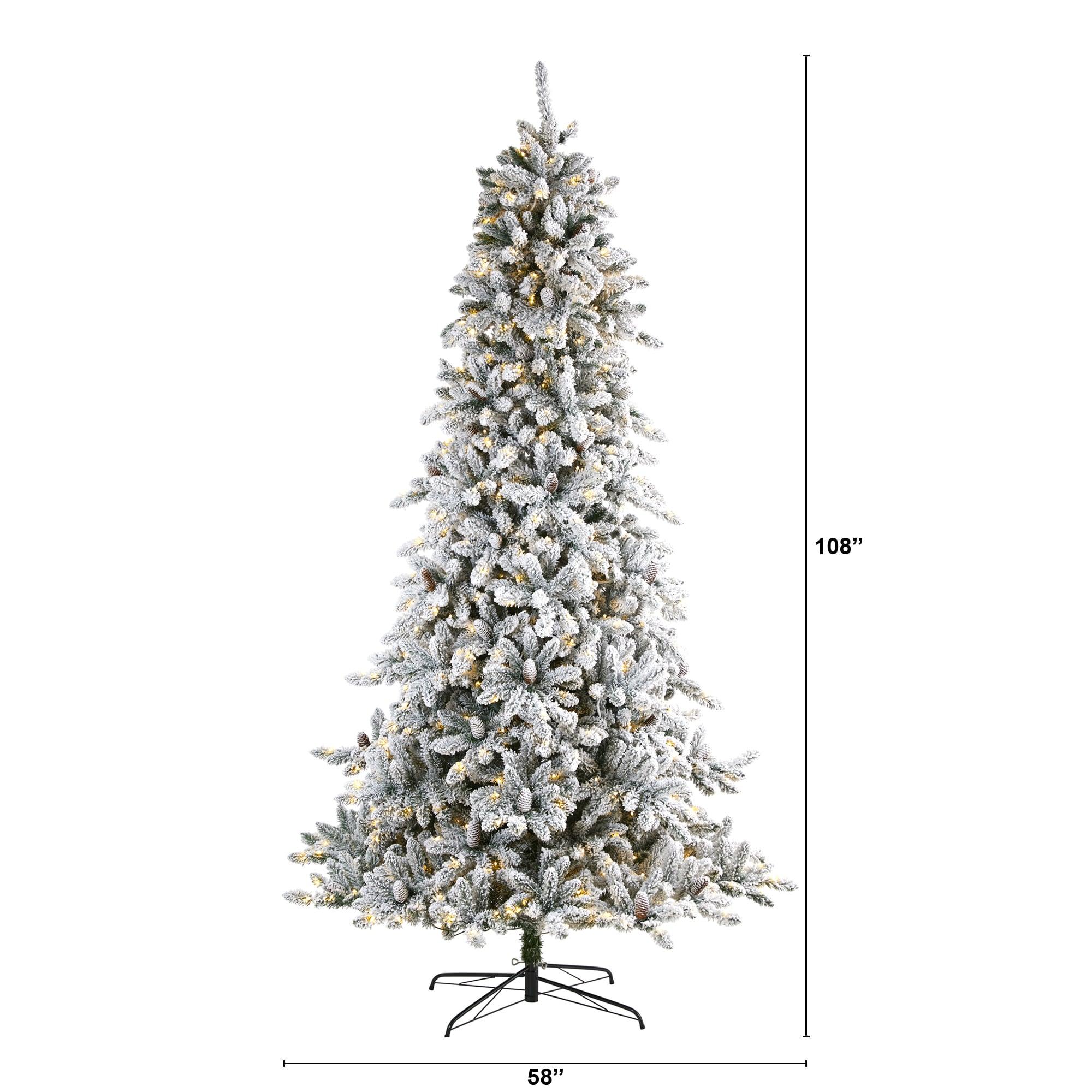 Nearly Natural 9' Flocked Fir Artificial Christmas Tree Prelit with 650 Clear Warm LED Lights
